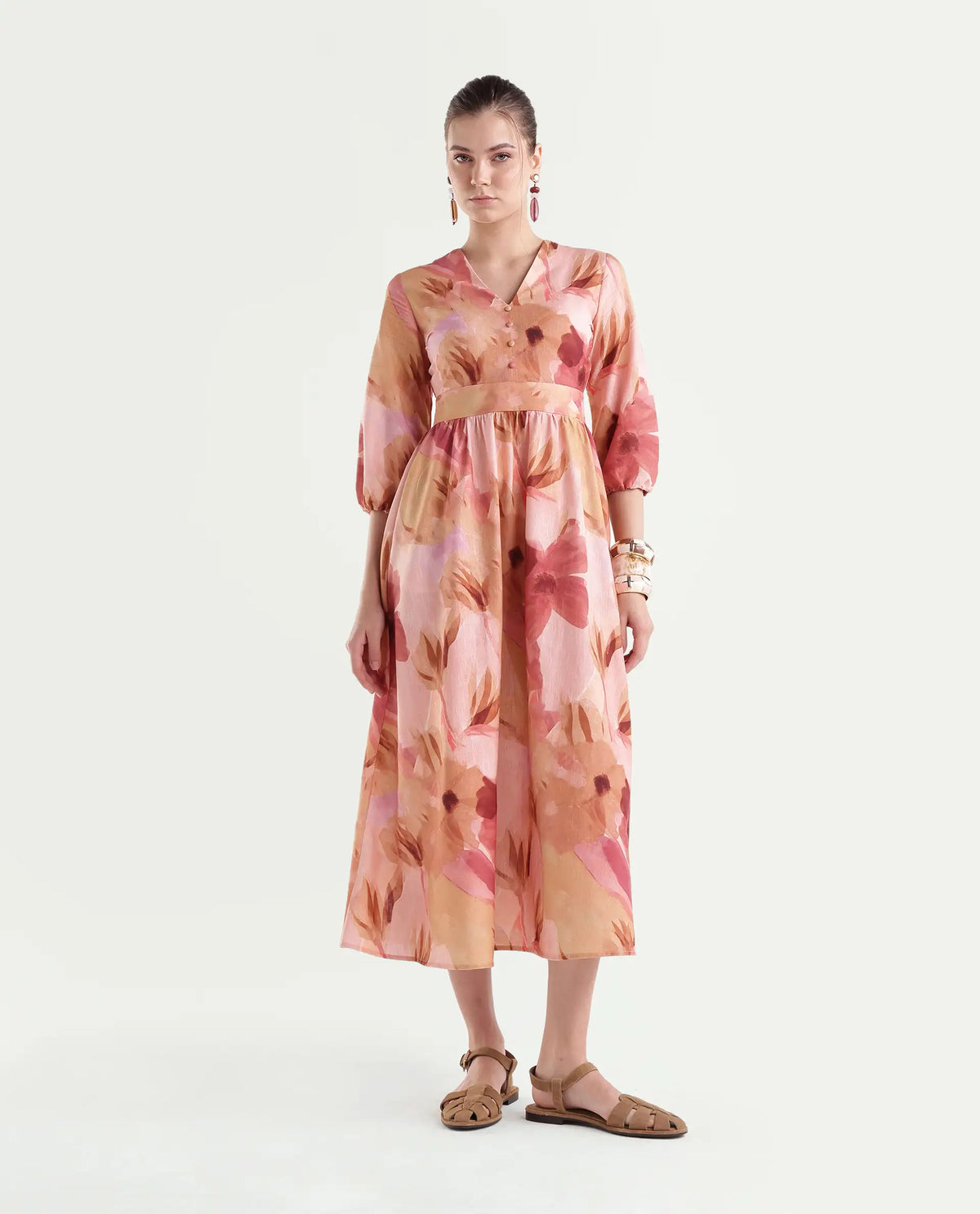 Rareism Women's Futox Multi Cotton Button And Zip Fit And Flare Floral Print Dress