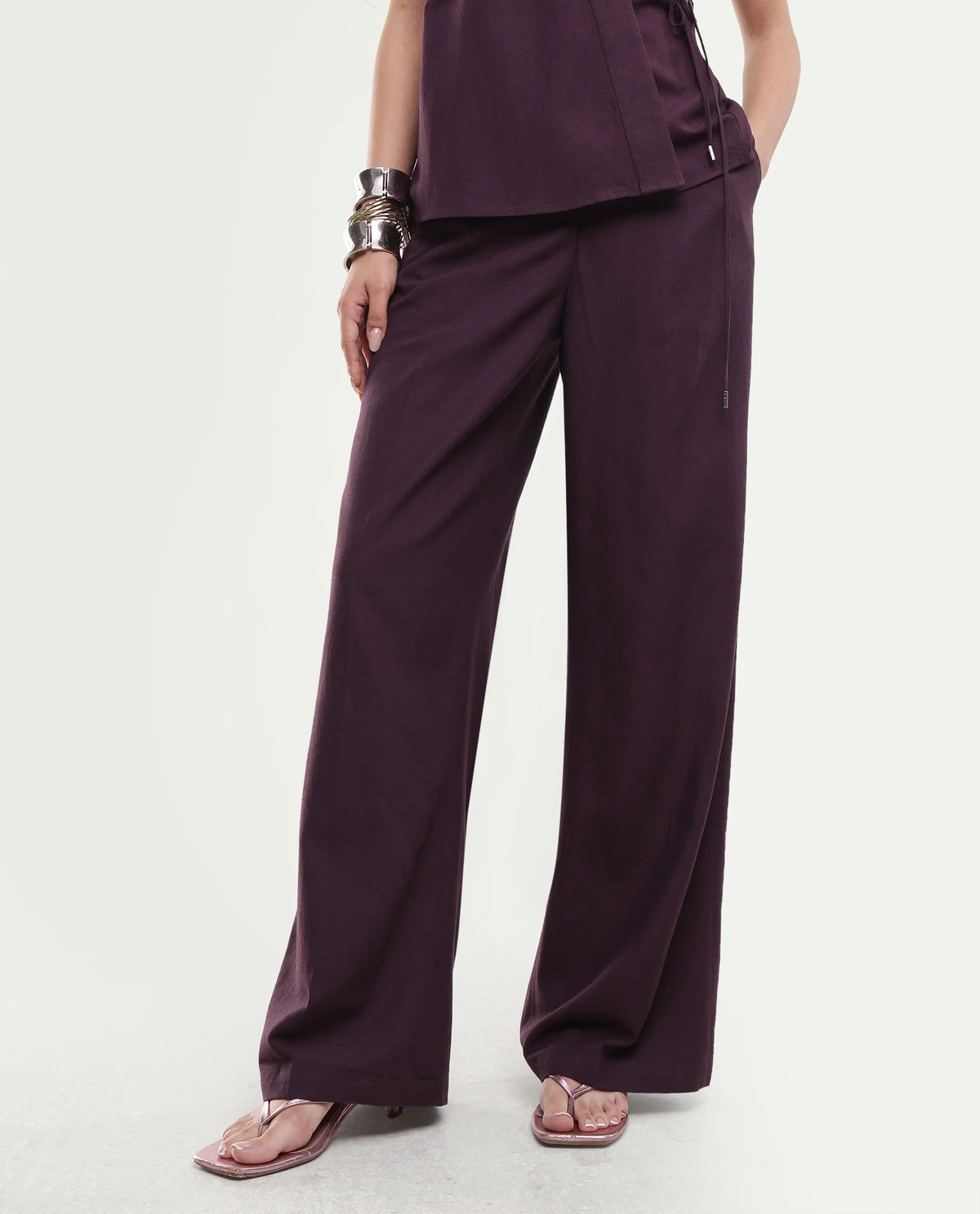Rareism Women's Ileris-B Purple Linen Blend Button And Zip Wide Trouser