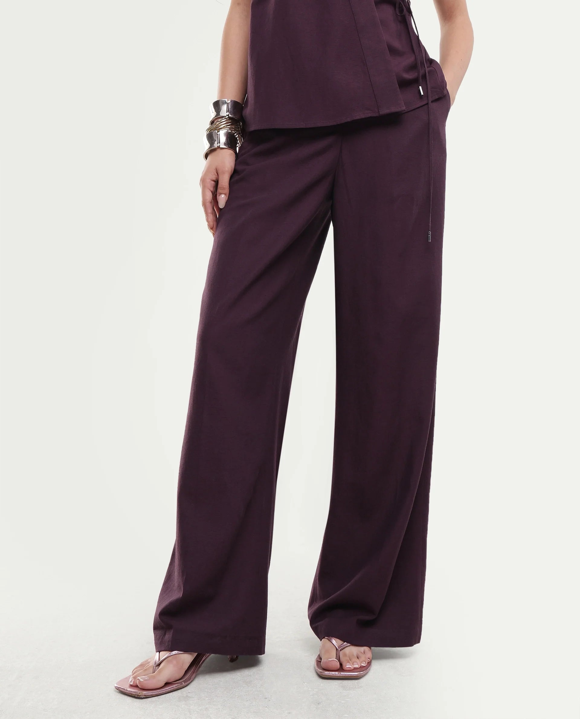 Rareism Women's Ileris-B Purple Linen Blend Button And Zip Wide Trouser