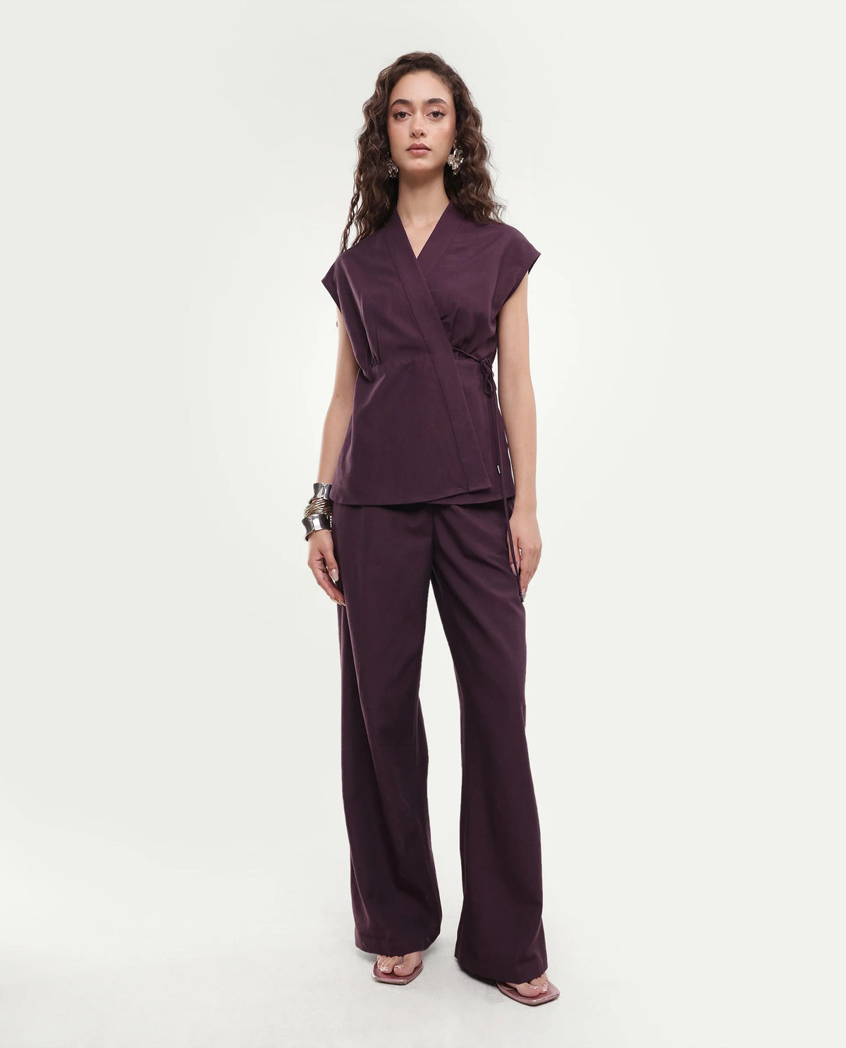 Rareism Women's Ileris-B Purple Linen Blend Button And Zip Wide Trouser