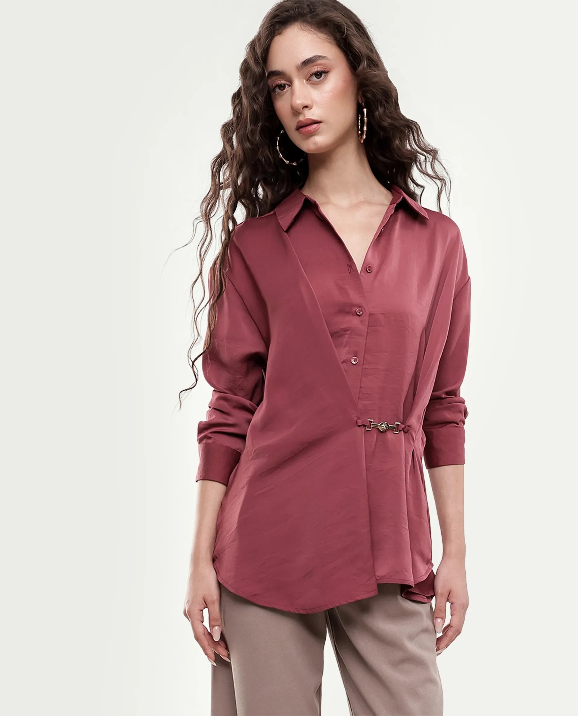 Rareism Women's Ilara Dusky Pink Polyester Button Relaxed Fit Shirt