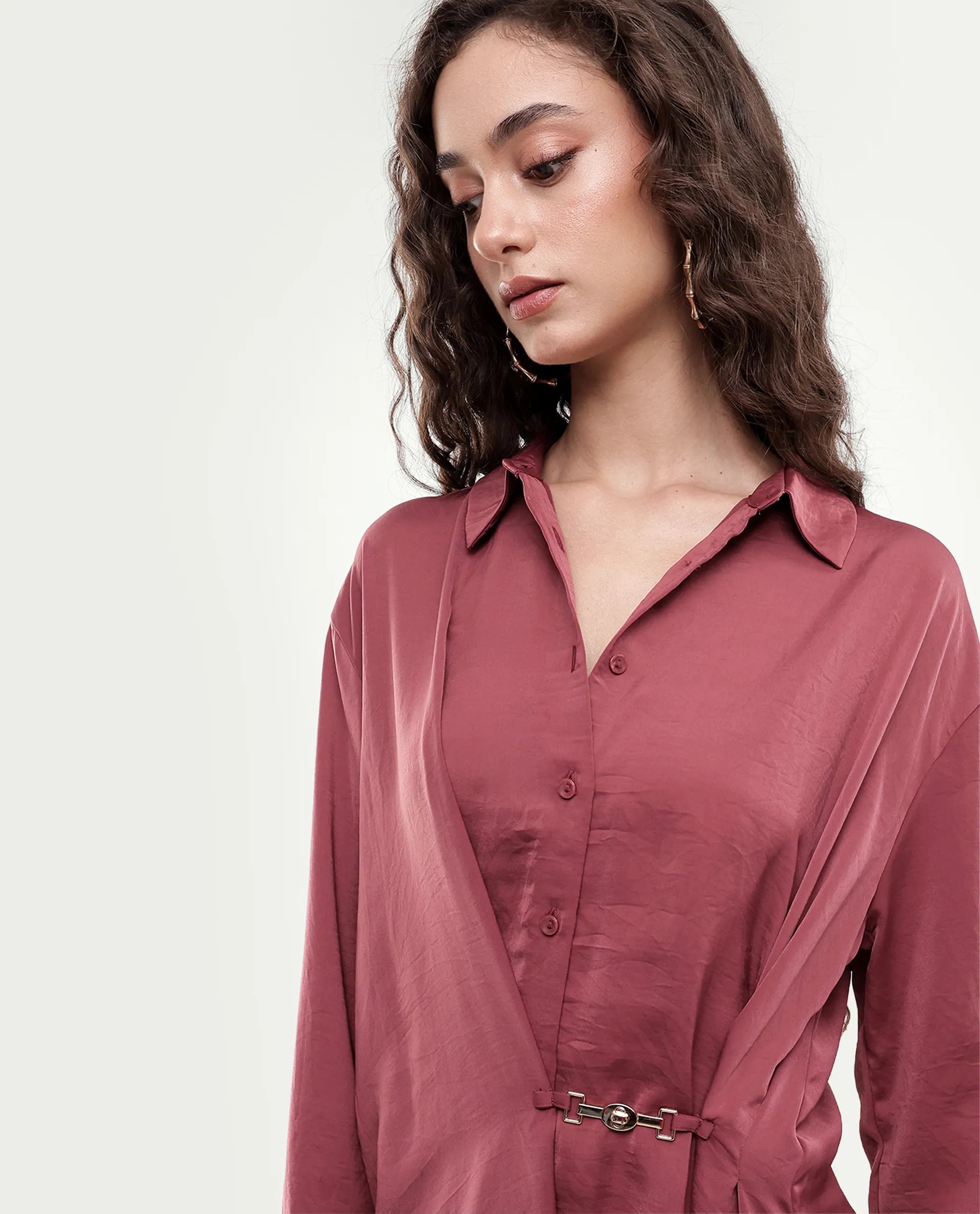 Rareism Women's Ilara Dusky Pink Polyester Button Relaxed Fit Shirt