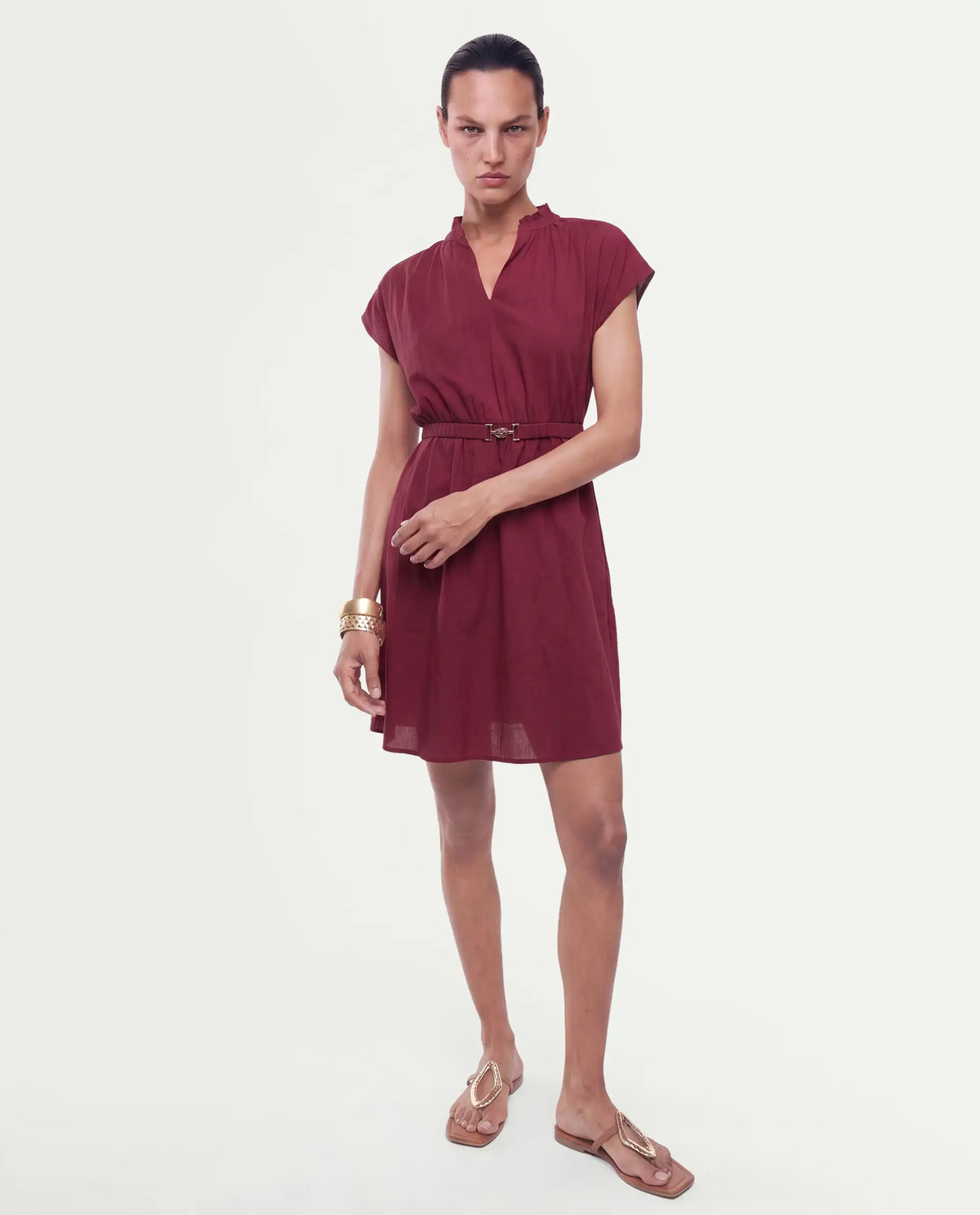 Rareism Women's Fenty Dark Red Cotton Pull-On A-Line Dress