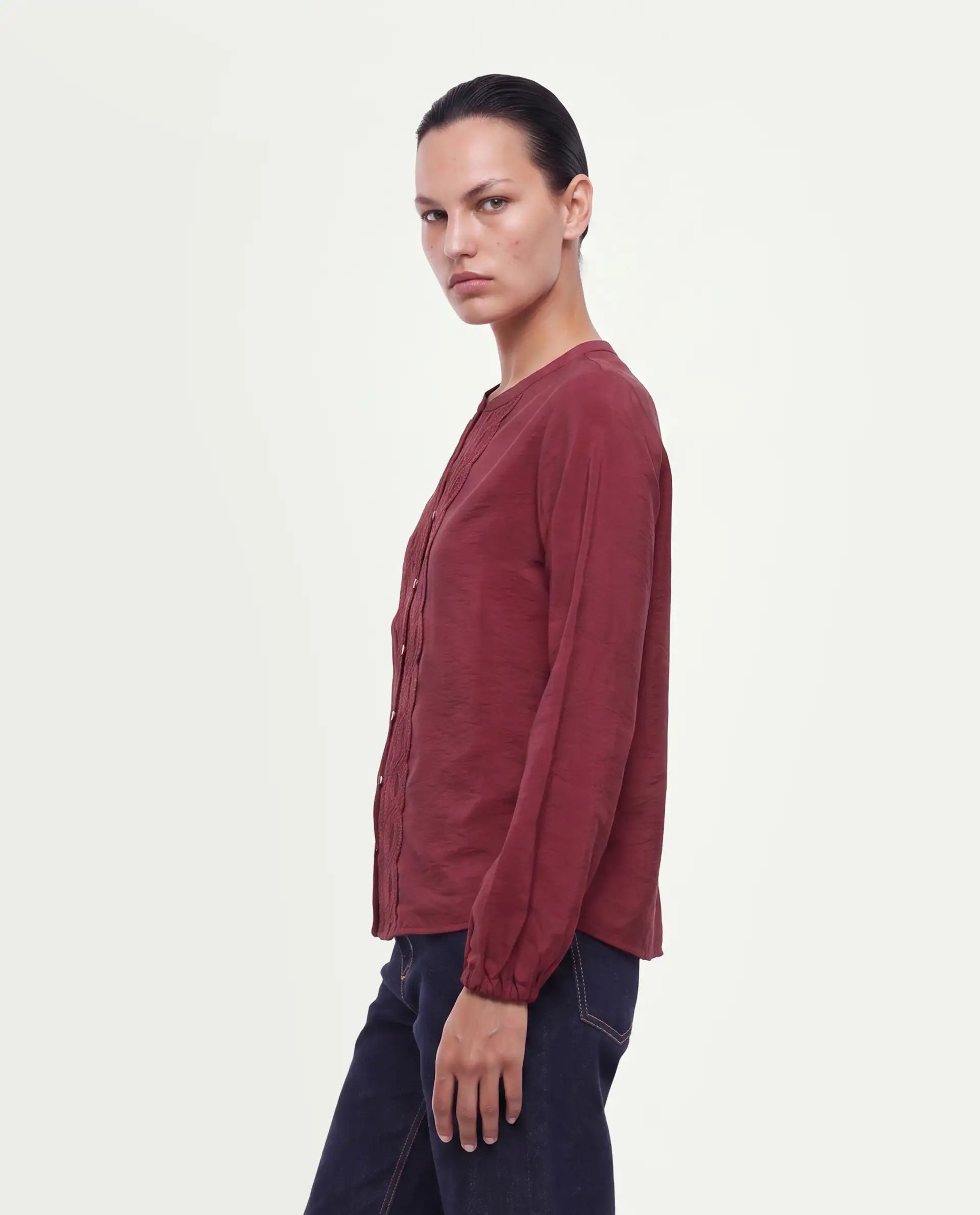 Rareism Women's Fenchy Dark Red Viscose Blend Button Regular Fit Top