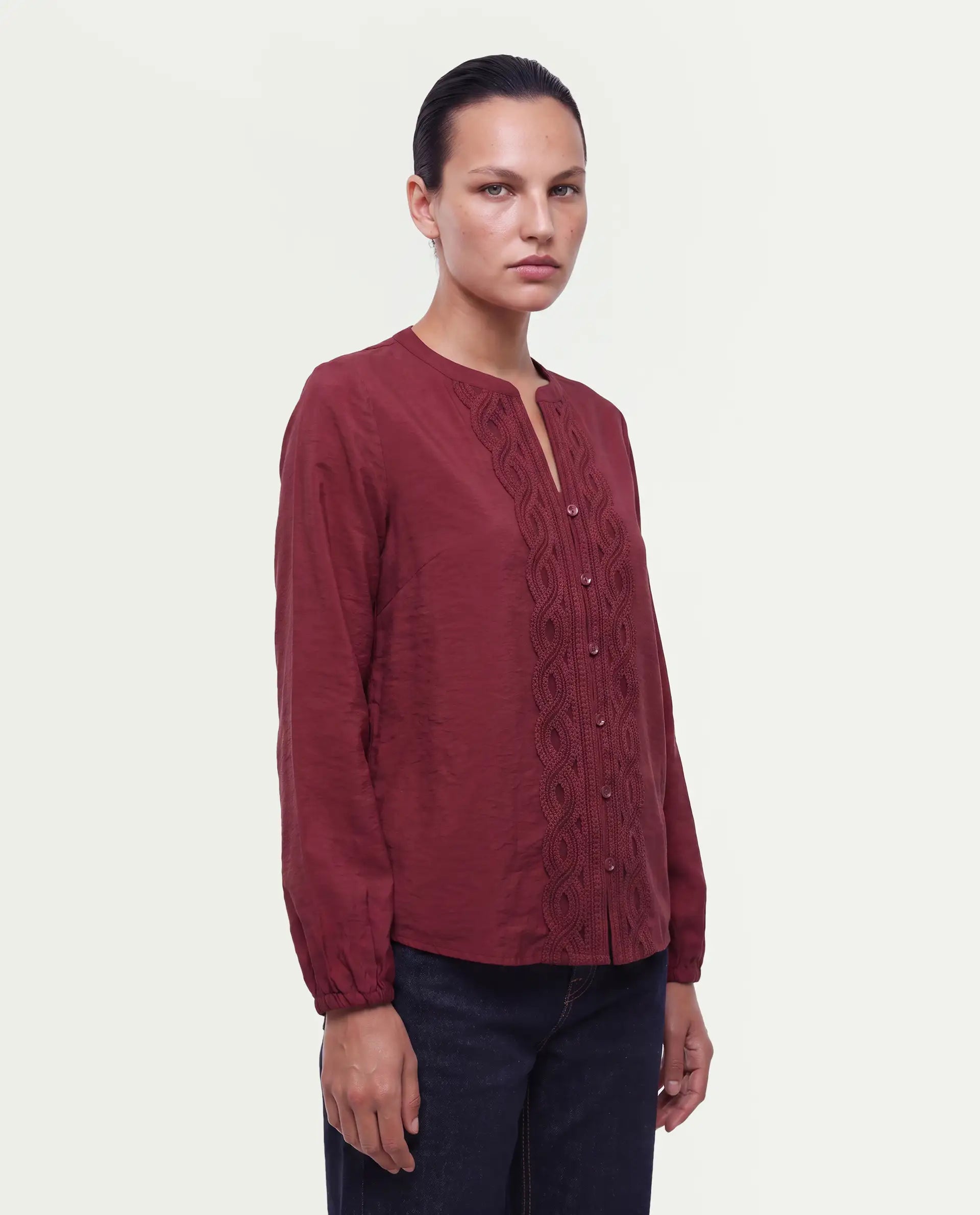 Rareism Women's Fenchy Dark Red Viscose Blend Button Regular Fit Top