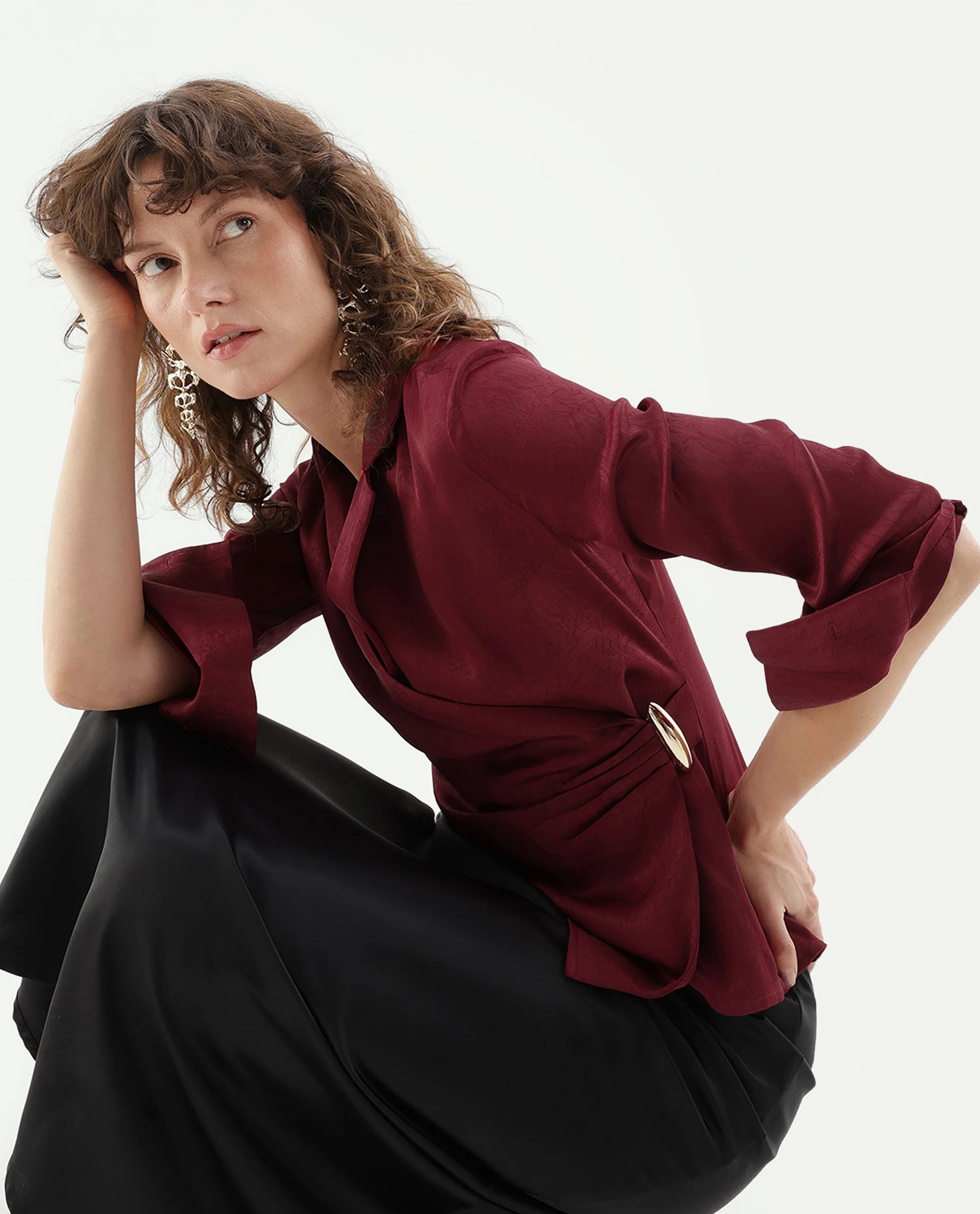 Rareism Women's Fasin Red Polyester Pull-On Wrap Top
