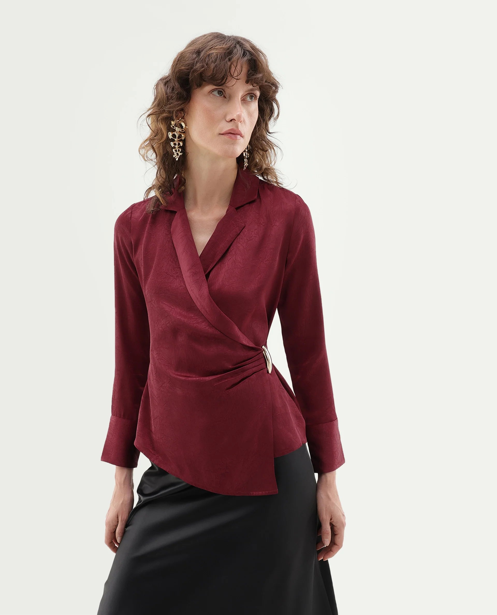 Rareism Women's Fasin Red Polyester Pull-On Wrap Top
