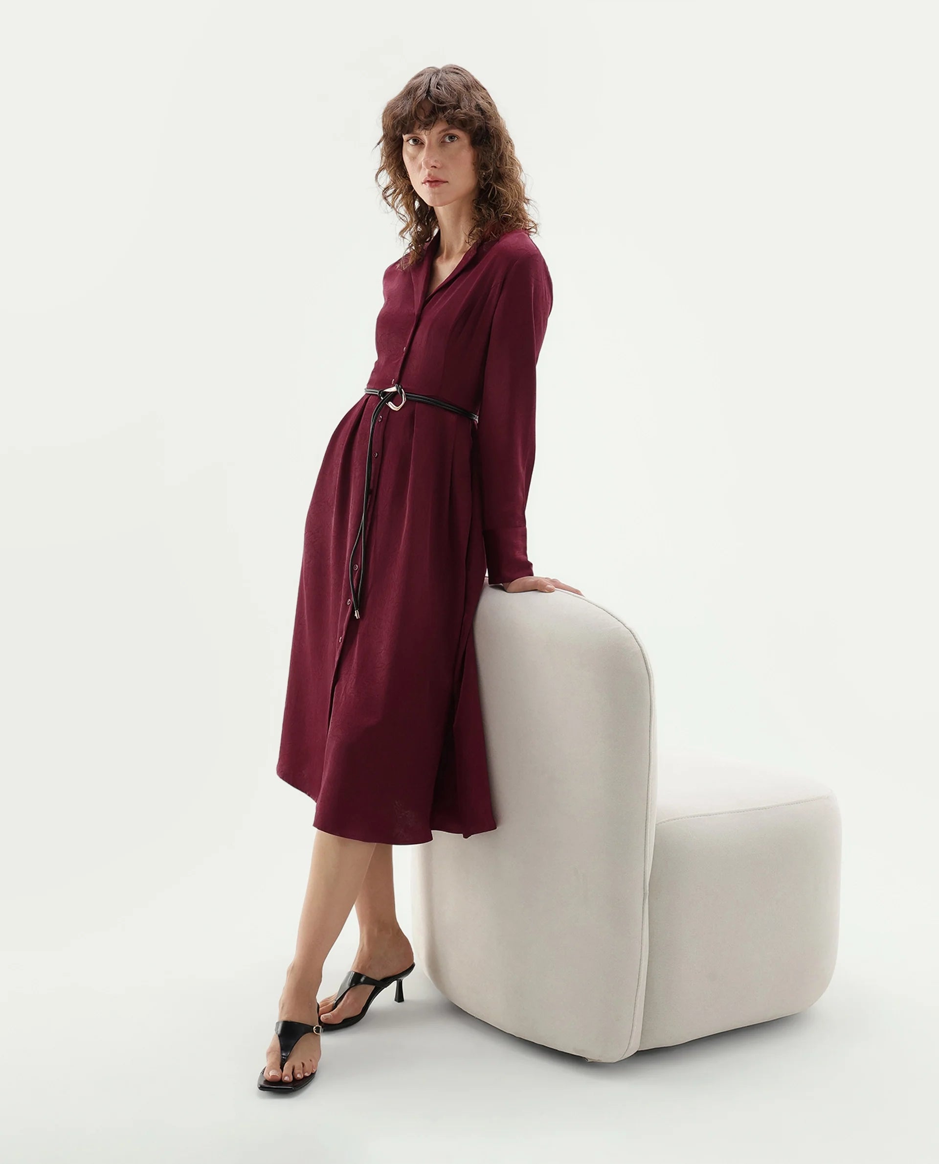 Rareism Women's Fasino Red Polyester Button Fit And Flare Dress
