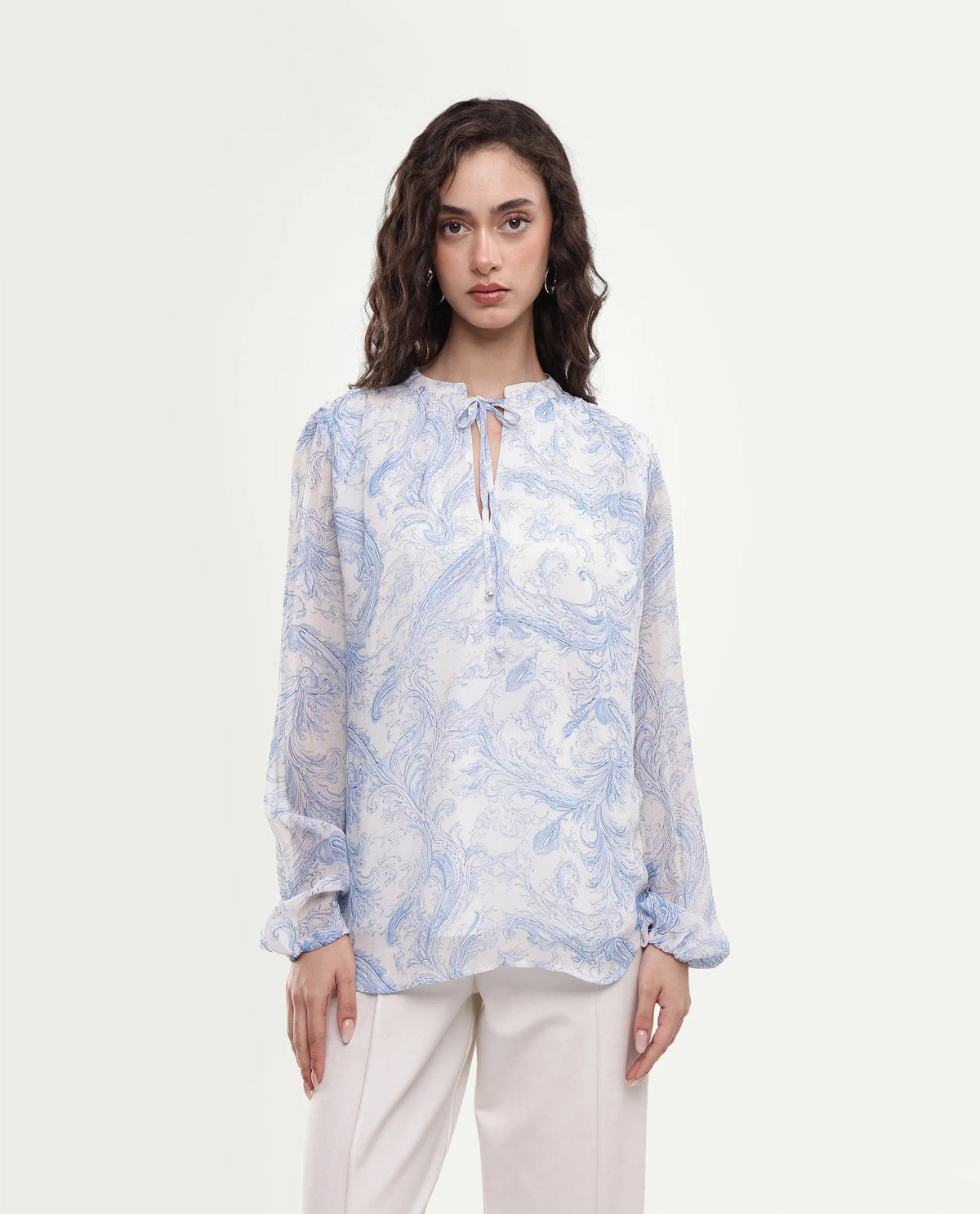 Rareism Women's Flip Light Blue Viscose Tie-Up Relaxed Fit Paisley Print Top