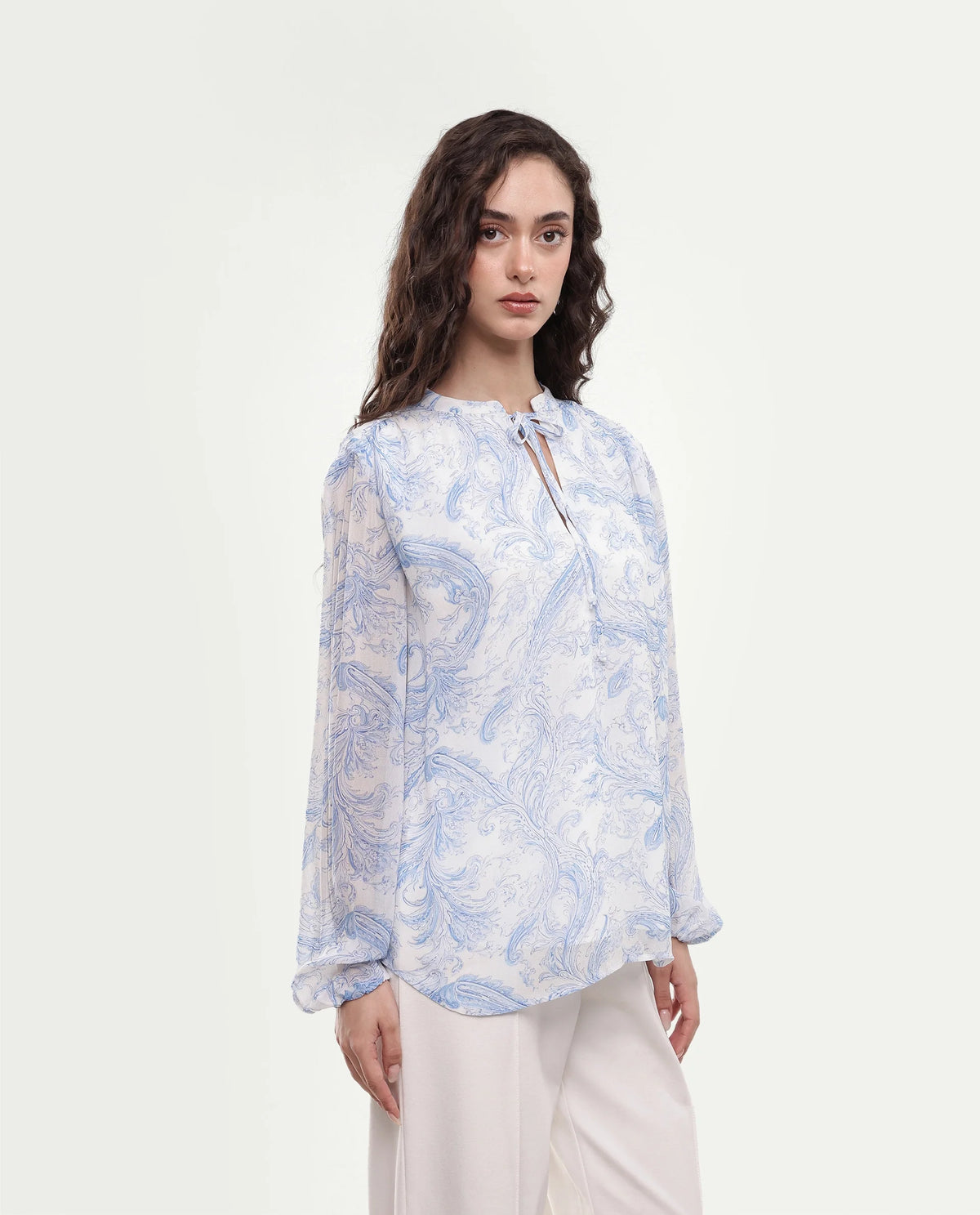 Rareism Women's Flip Light Blue Viscose Tie-Up Relaxed Fit Paisley Print Top