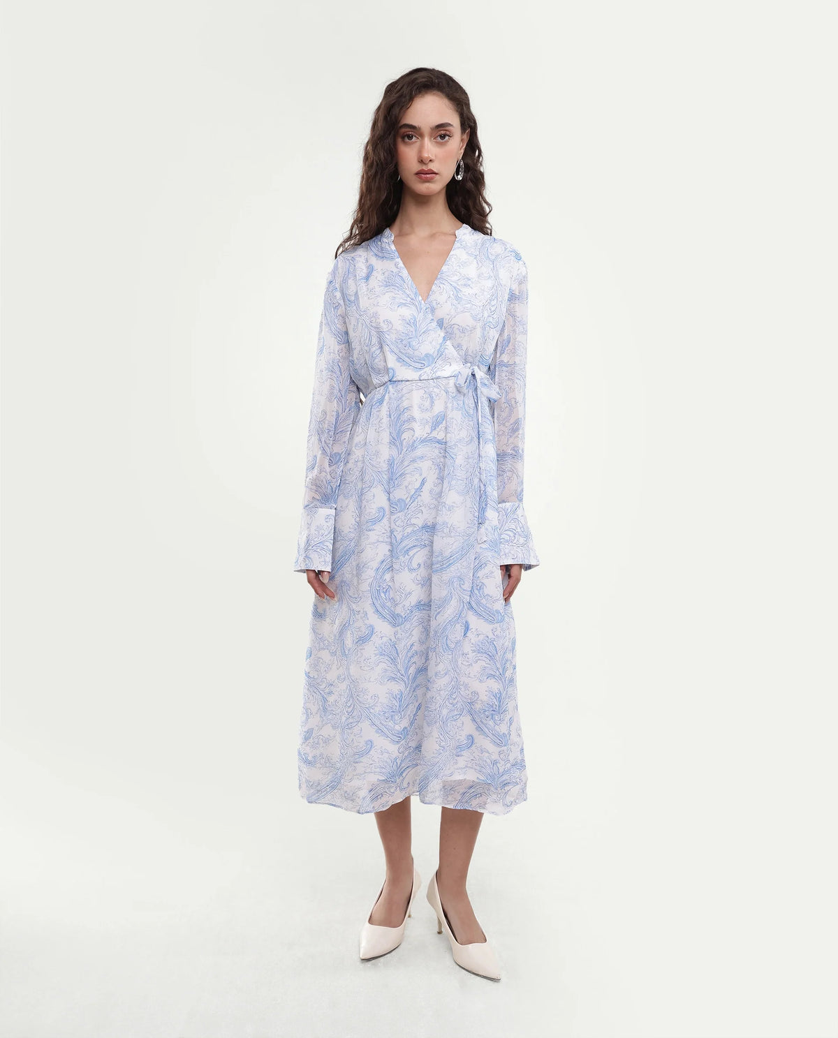 Rareism Women's Flipy Light Blue Viscose Tie-Up Wrap Paisley Print Dress