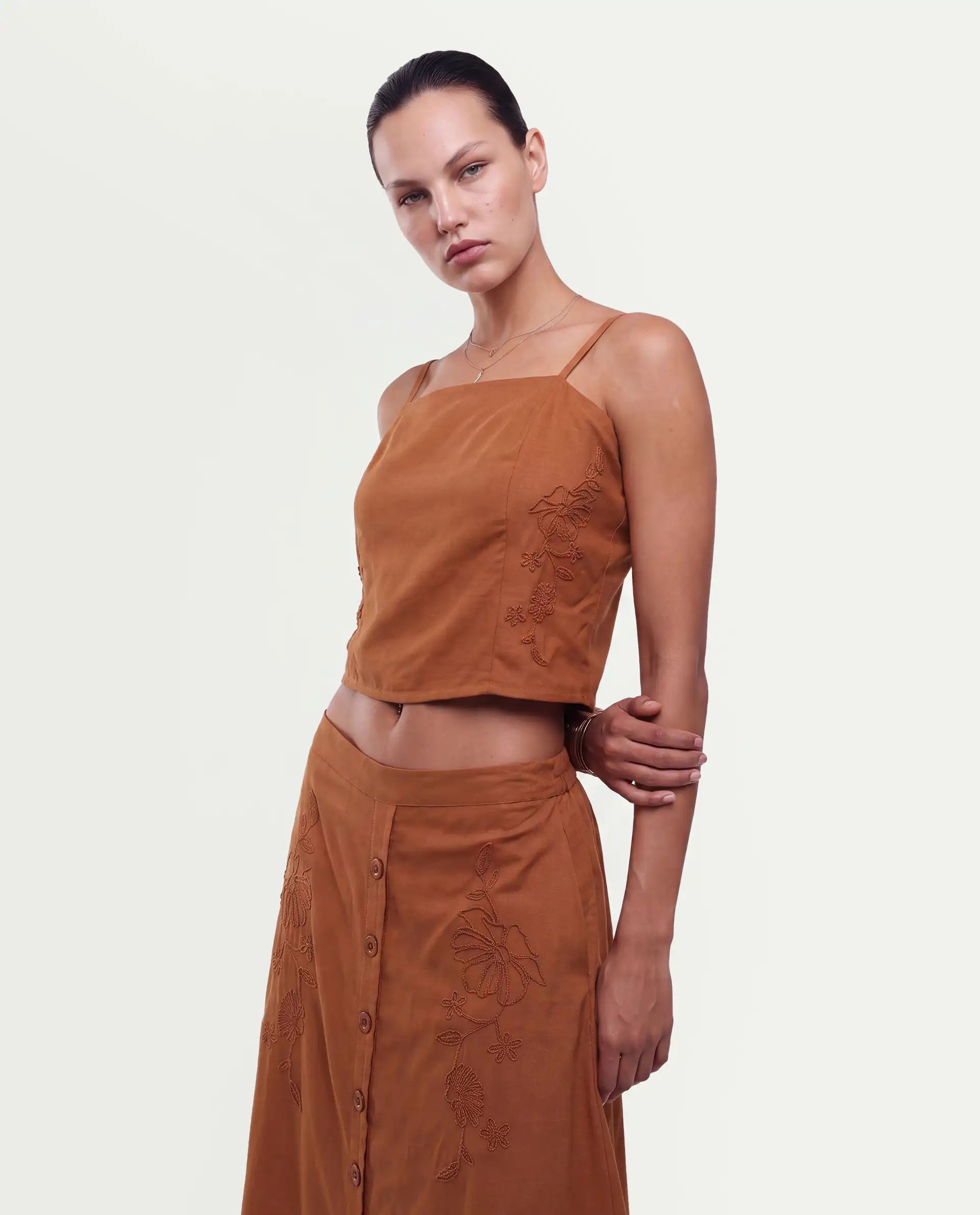 Rareism Women's Fosse-T Dark Mustard Viscose Pull-On Fitted Embroidered Top