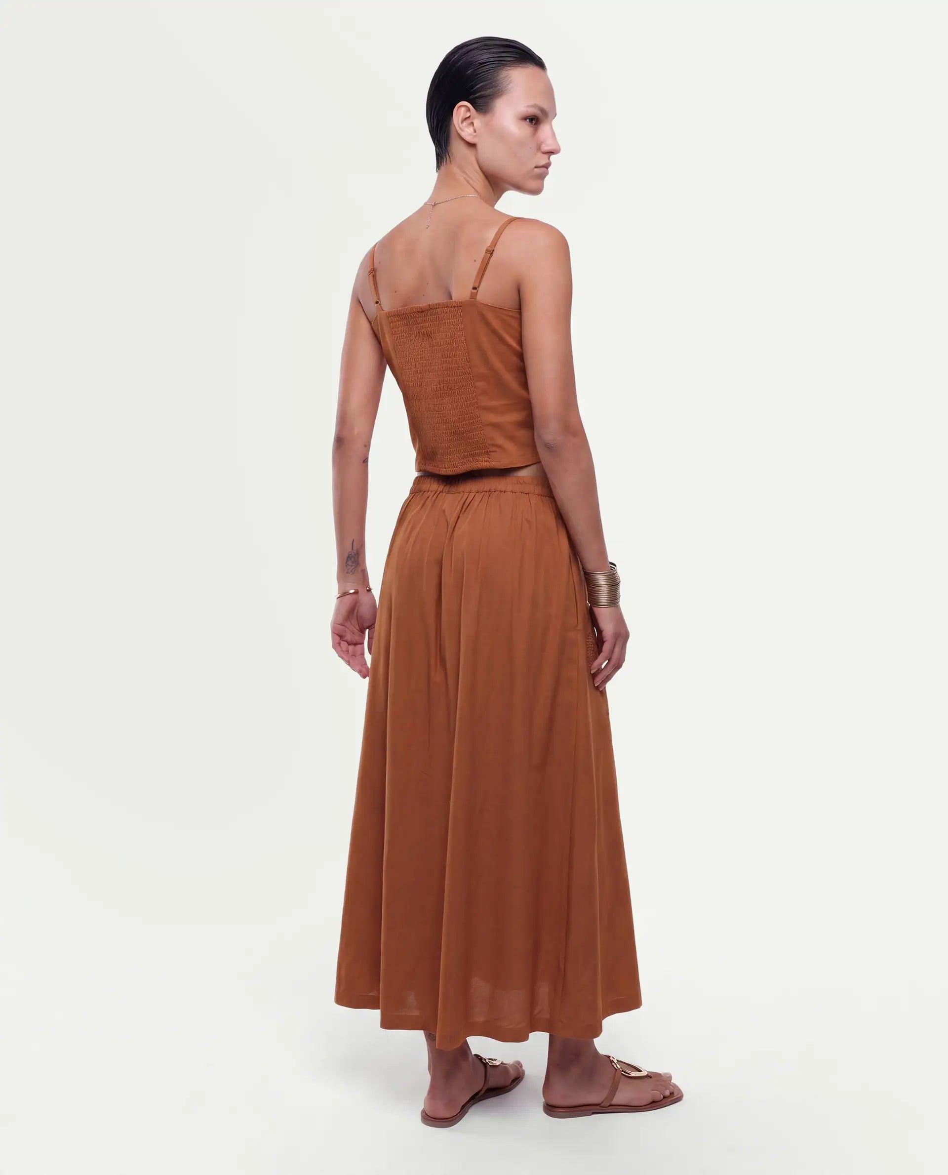 Rareism Women's Fosse-B Dark Mustard Viscose Elastic A-Line Embroidered Skirt