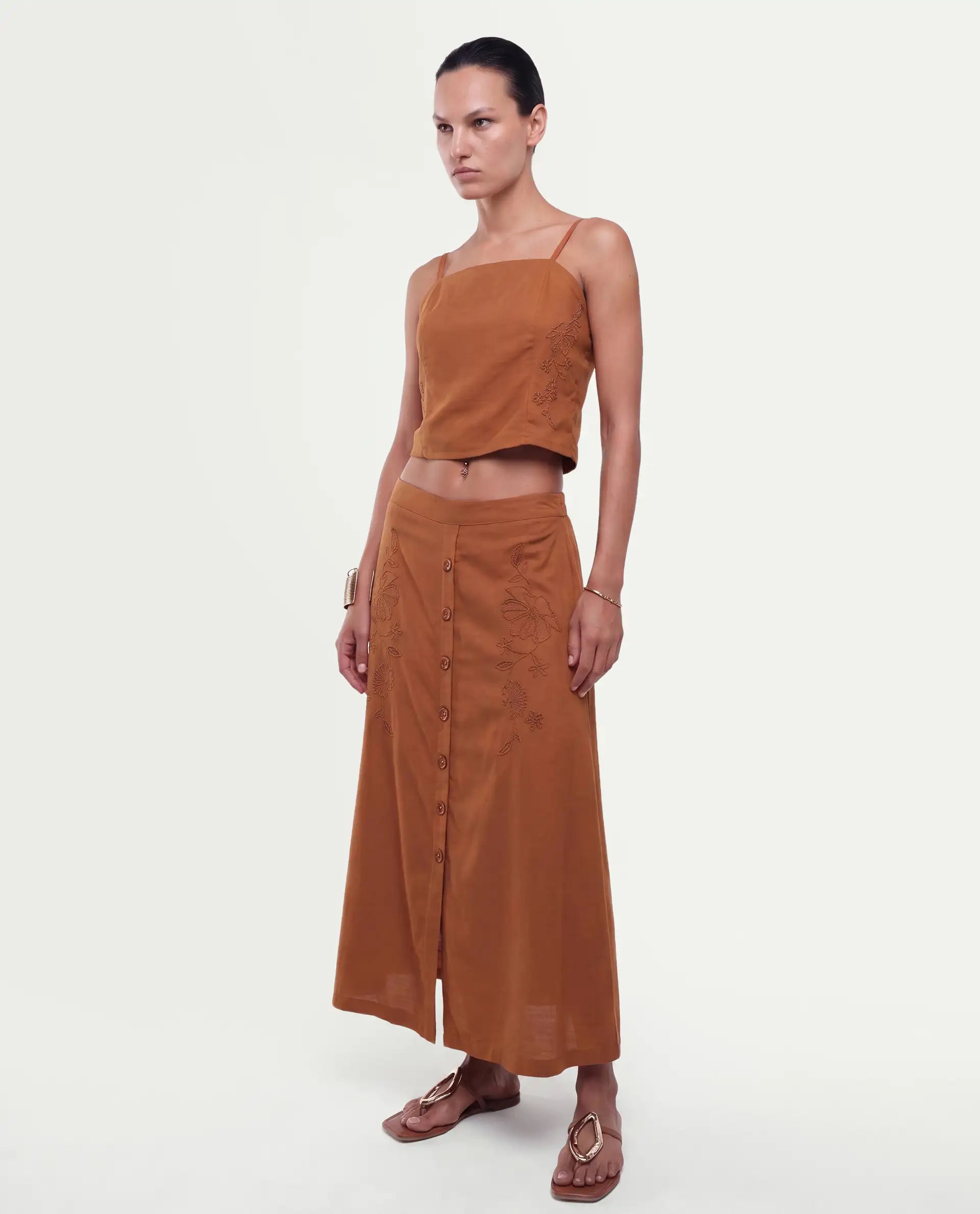 Rareism Women's Fosse-B Dark Mustard Viscose Elastic A-Line Embroidered Skirt