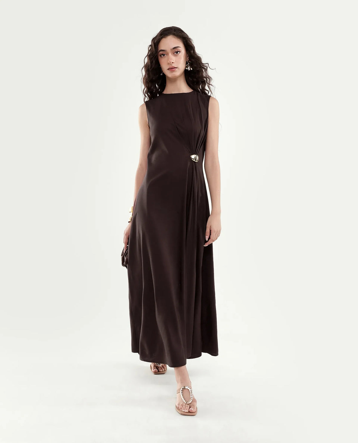 Rareism Women's Jensero-Aw26 Brown Viscose Button And Zip Fit And Flare Dress