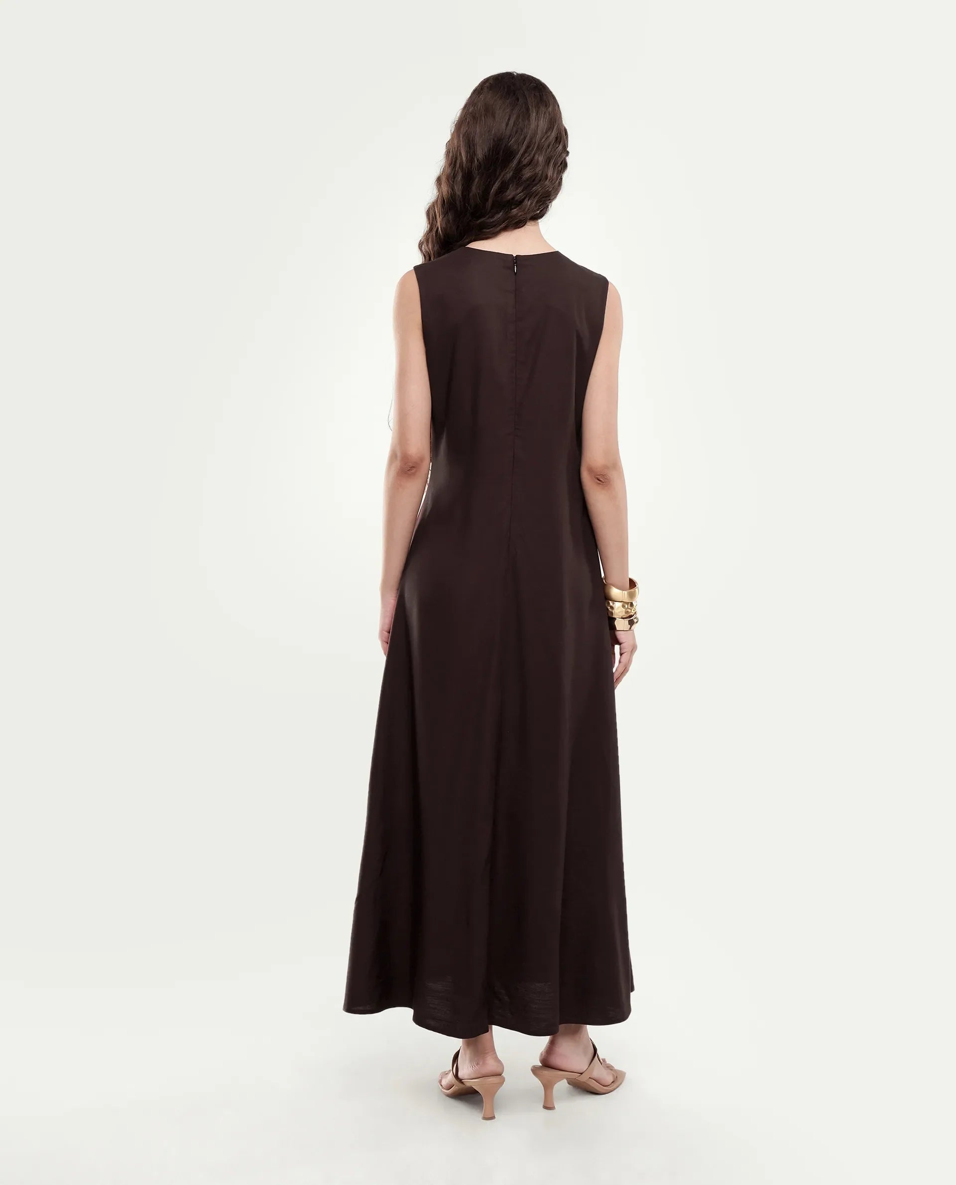 Rareism Women's Jensero-Aw26 Brown Viscose Button And Zip Fit And Flare Dress