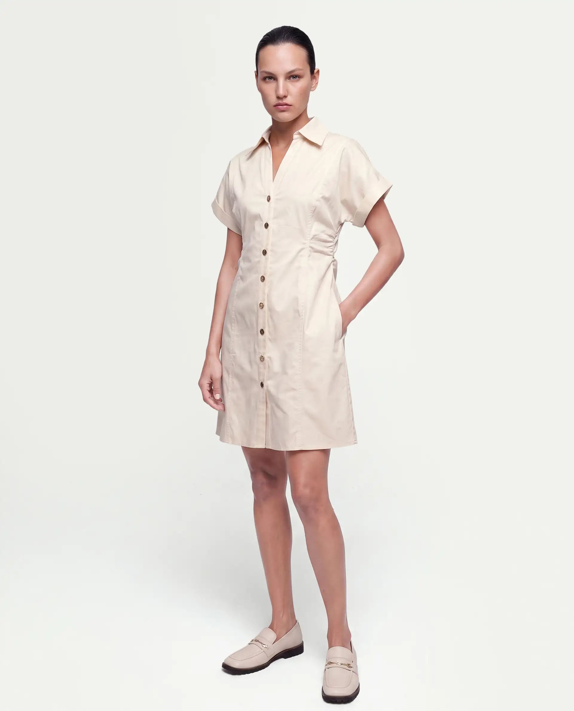 Rareism Women's Inara Beige Cotton Button Fitted Dress