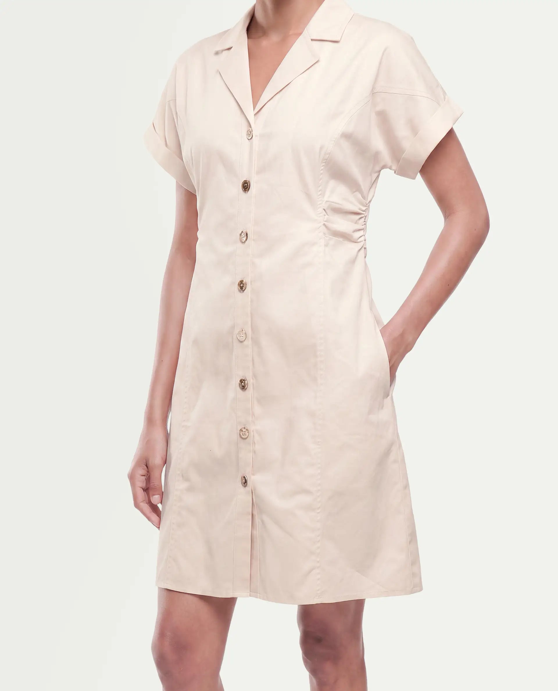 Rareism Women's Inara Beige Cotton Button Fitted Dress
