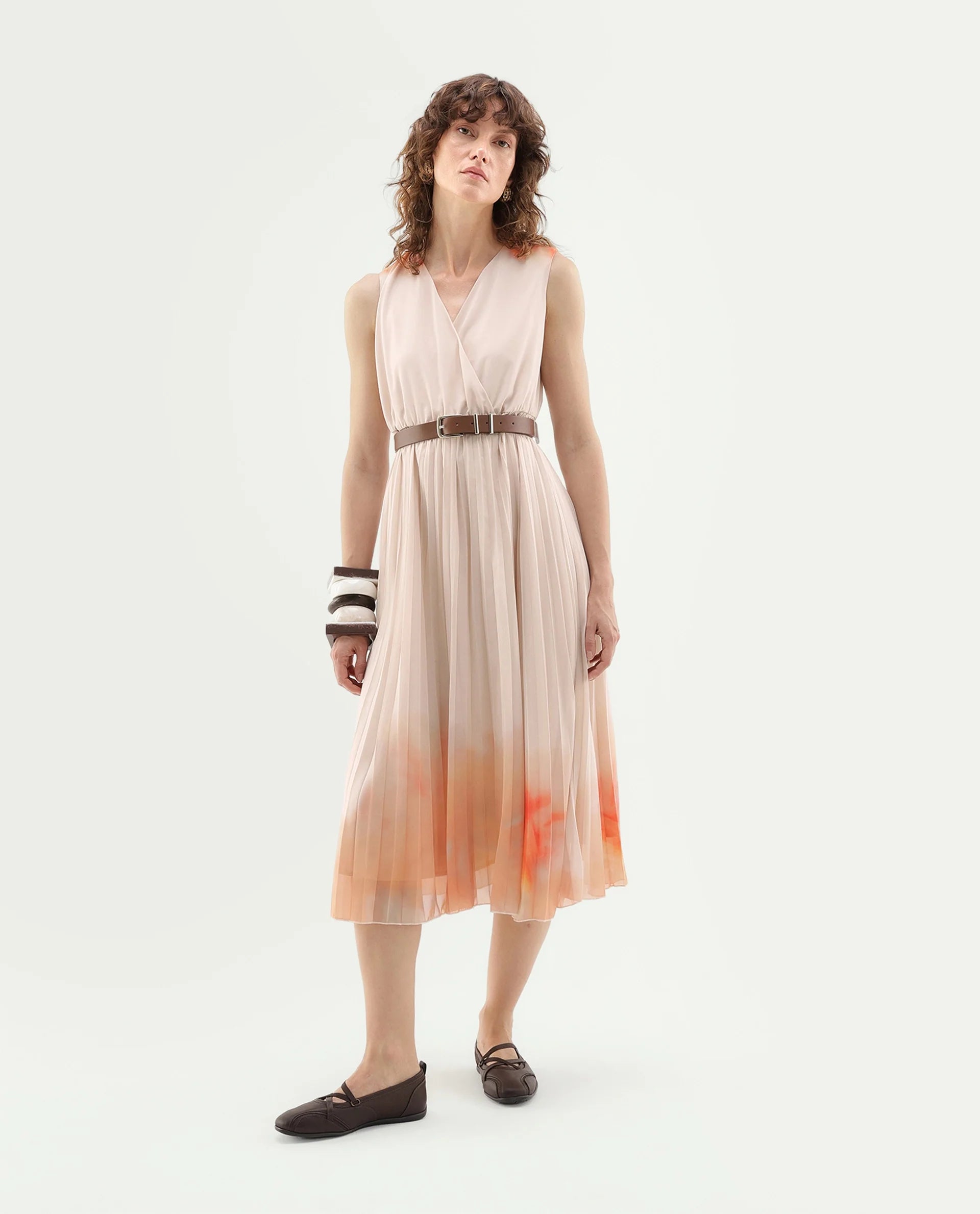 Rareism Women's Ineza Beige Polyester Pull-On Fit And Flare Abstract Print Dress