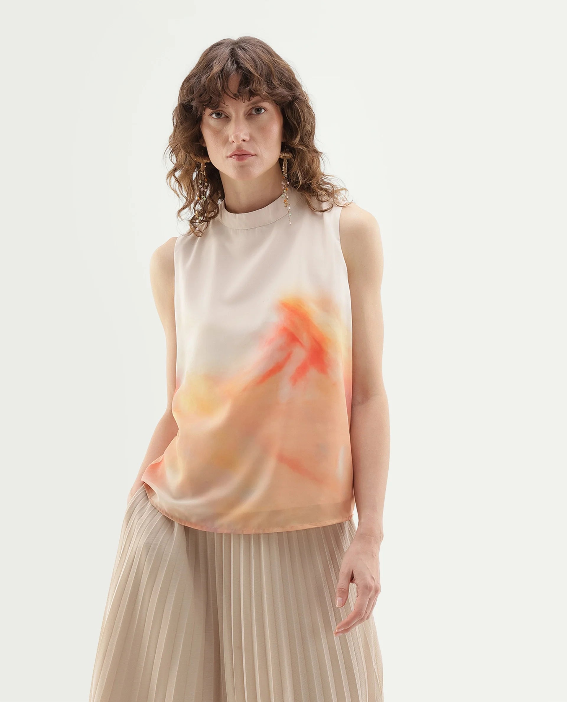 Rareism Women's Inezim Beige Polyester Pull-On Regular Fit Abstract Print Top