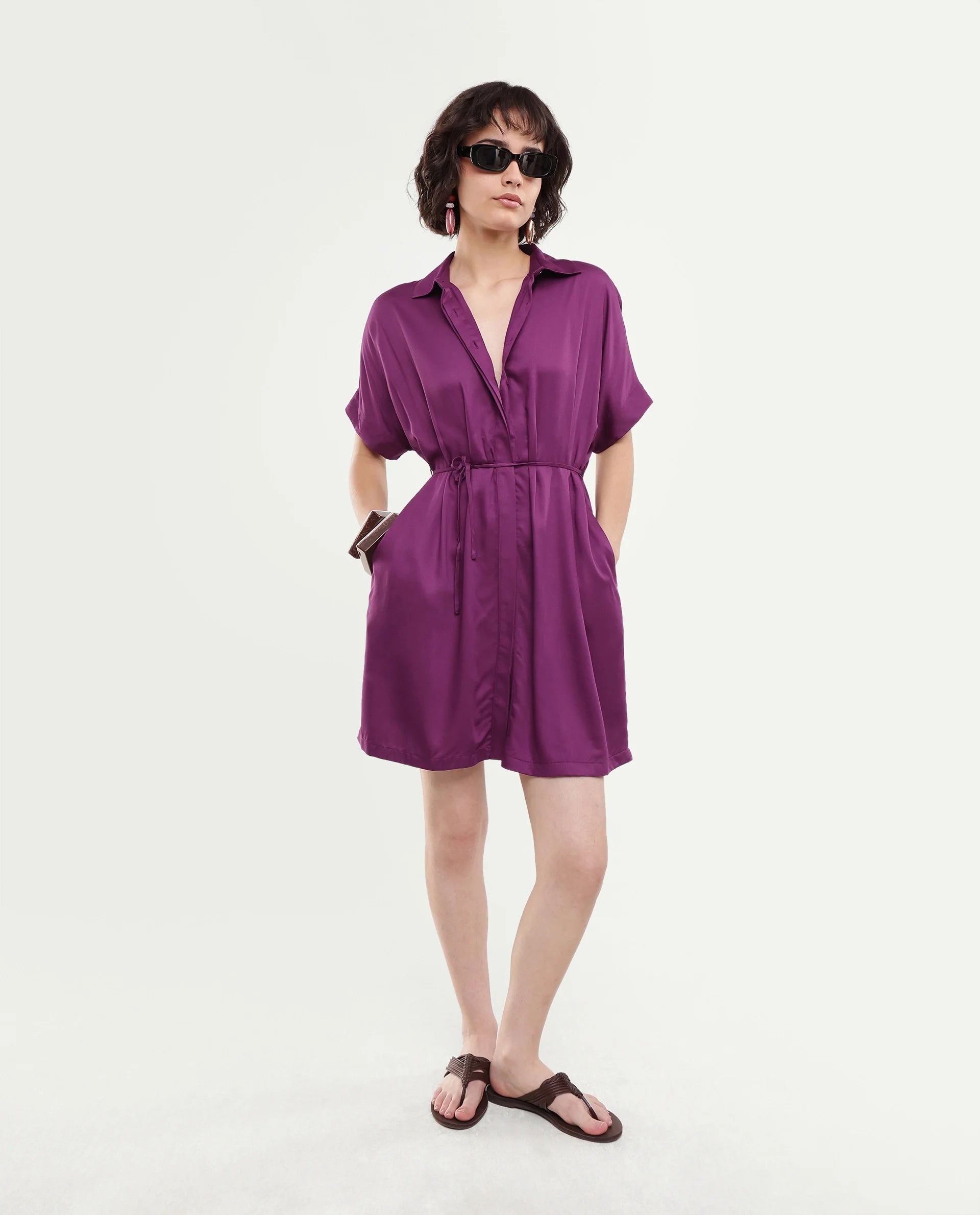 Rareism Women's Izalin Purple Viscose Button Relaxed Fit Dress