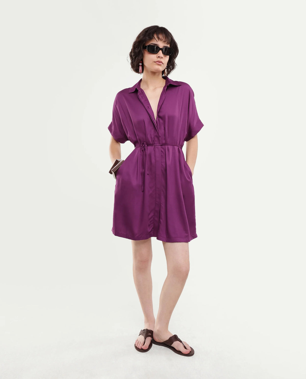 Rareism Women's Izalin Purple Viscose Button Relaxed Fit Dress
