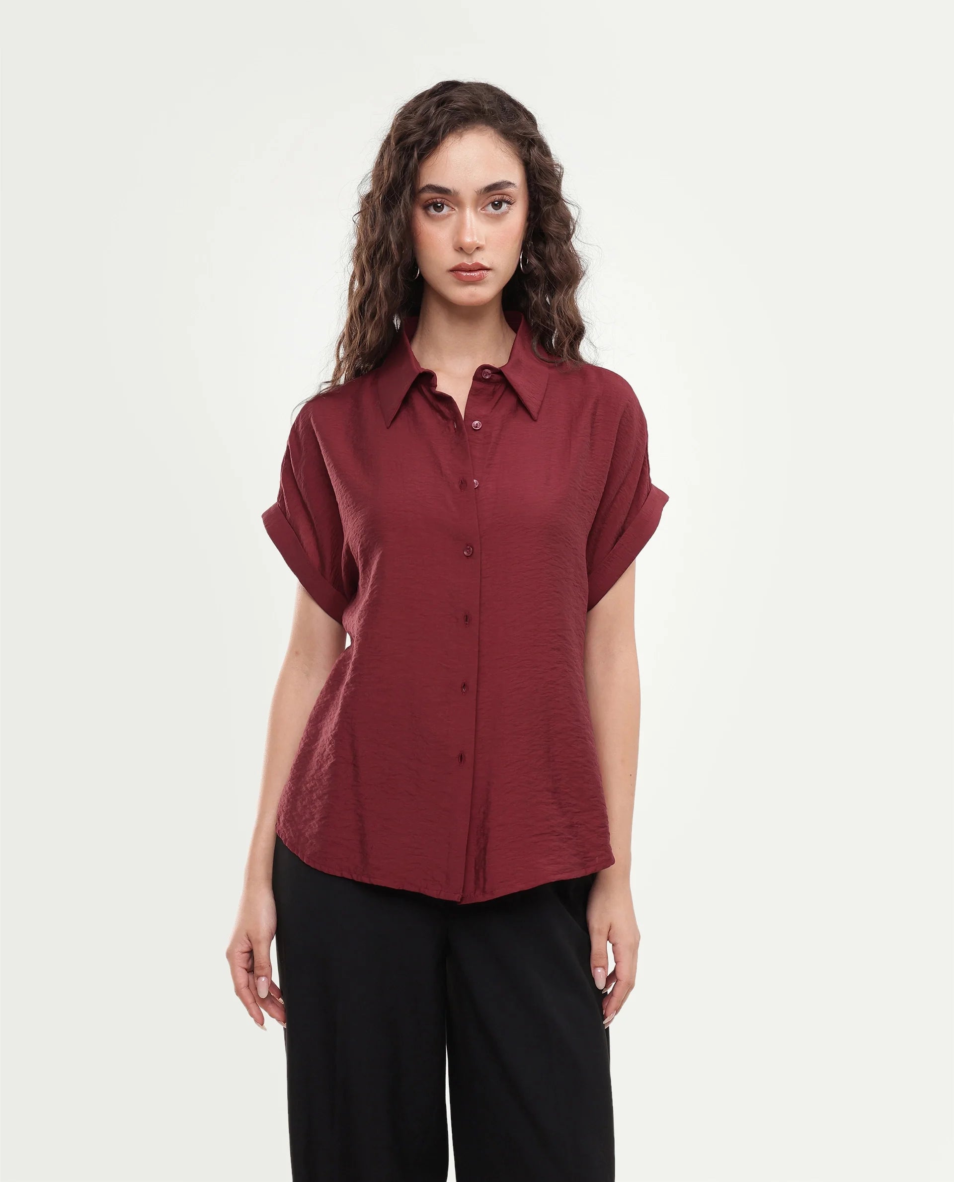 Rareism Women's Suko Dark Red Viscose Blend Button Regular Fit Shirt