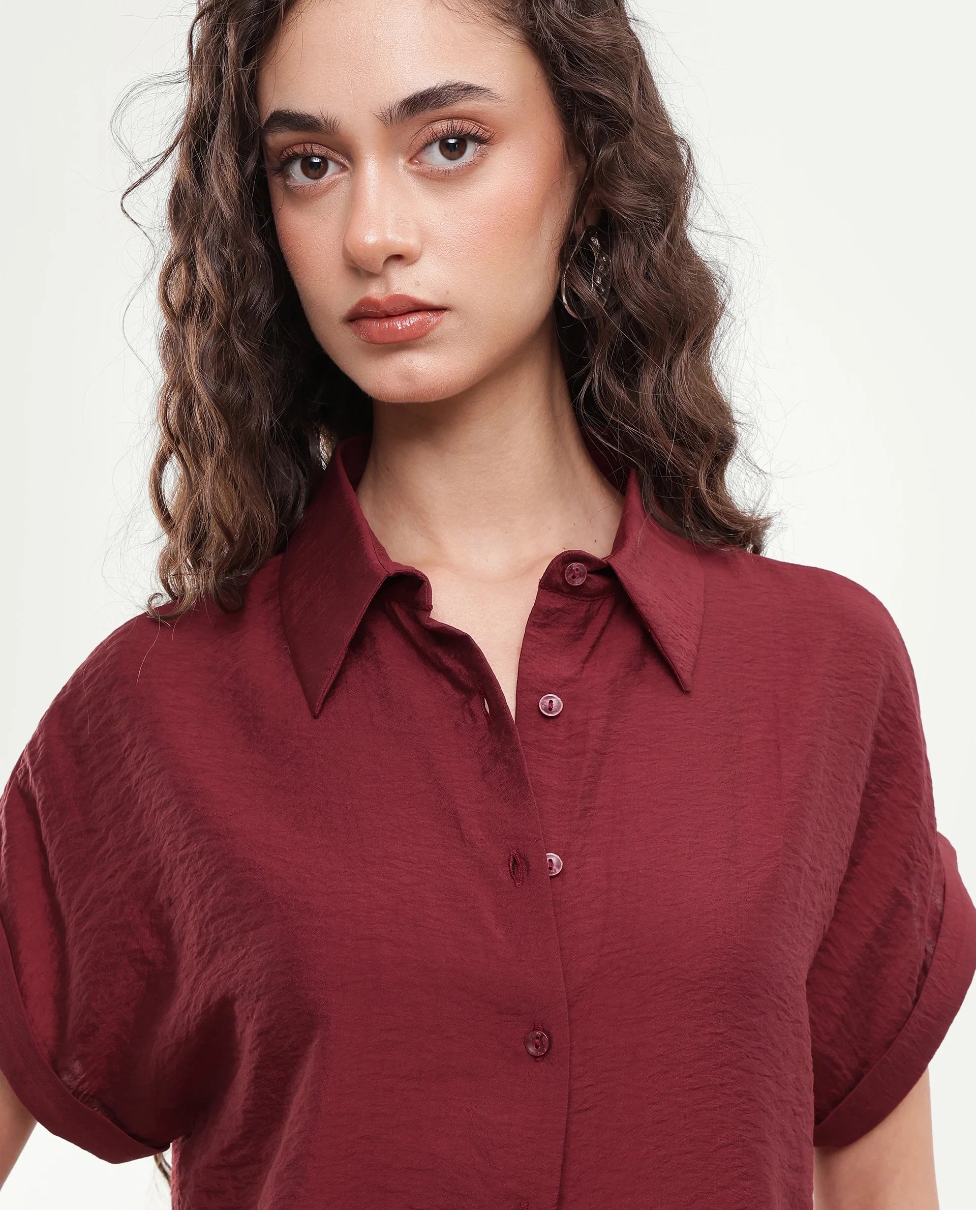 Rareism Women's Suko Dark Red Viscose Blend Button Regular Fit Shirt
