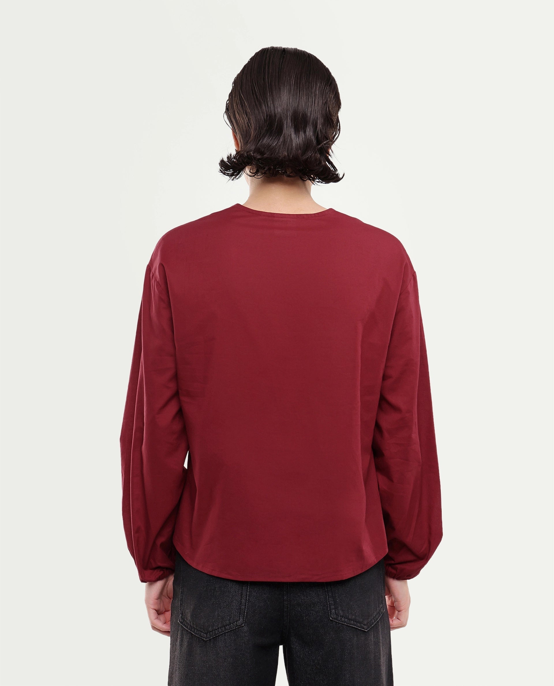 Rareism Women's Saron Dark Red Plain Cotton Relaxed Long Sleeves Top