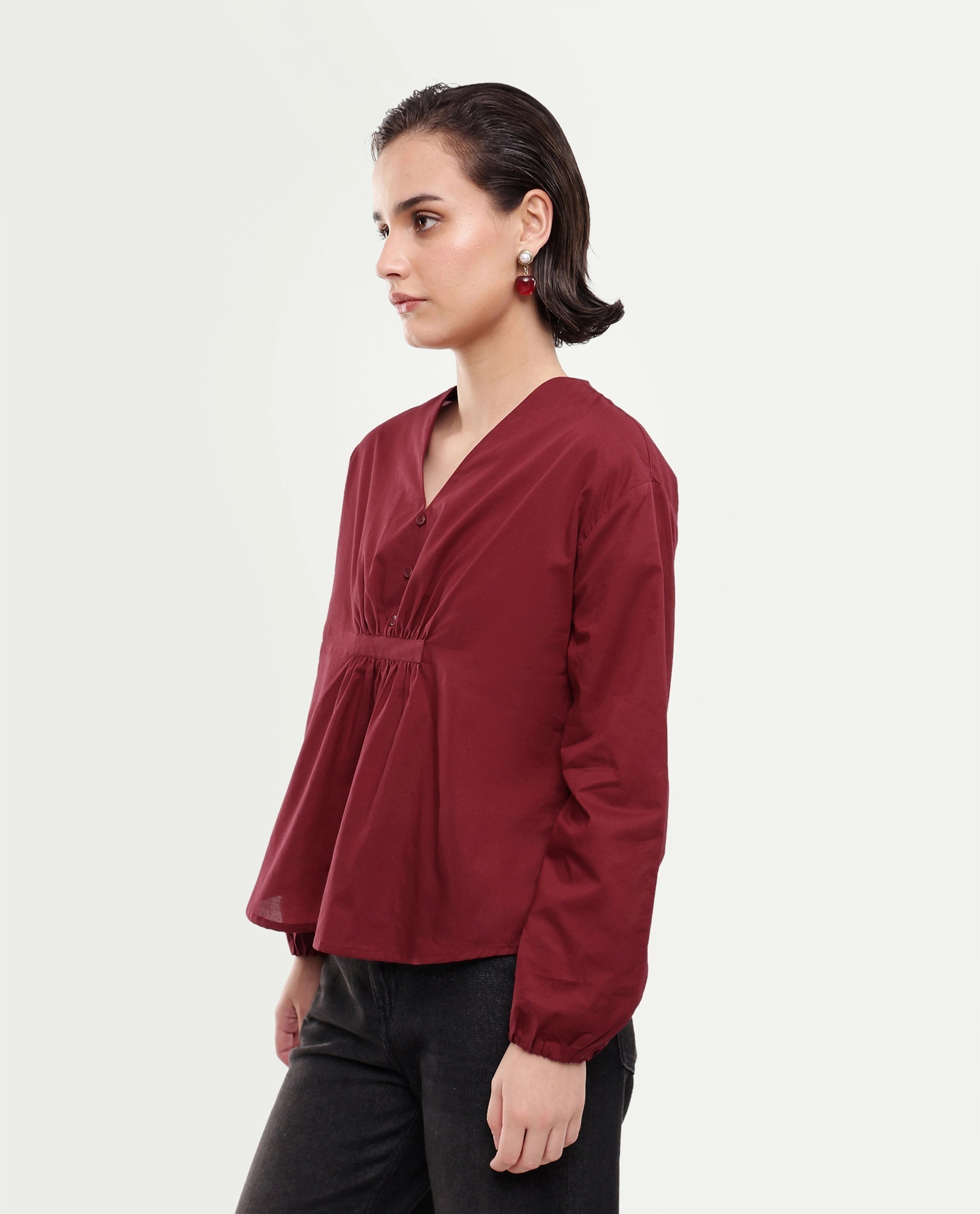 Rareism Women's Saron Dark Red Plain Cotton Relaxed Long Sleeves Top