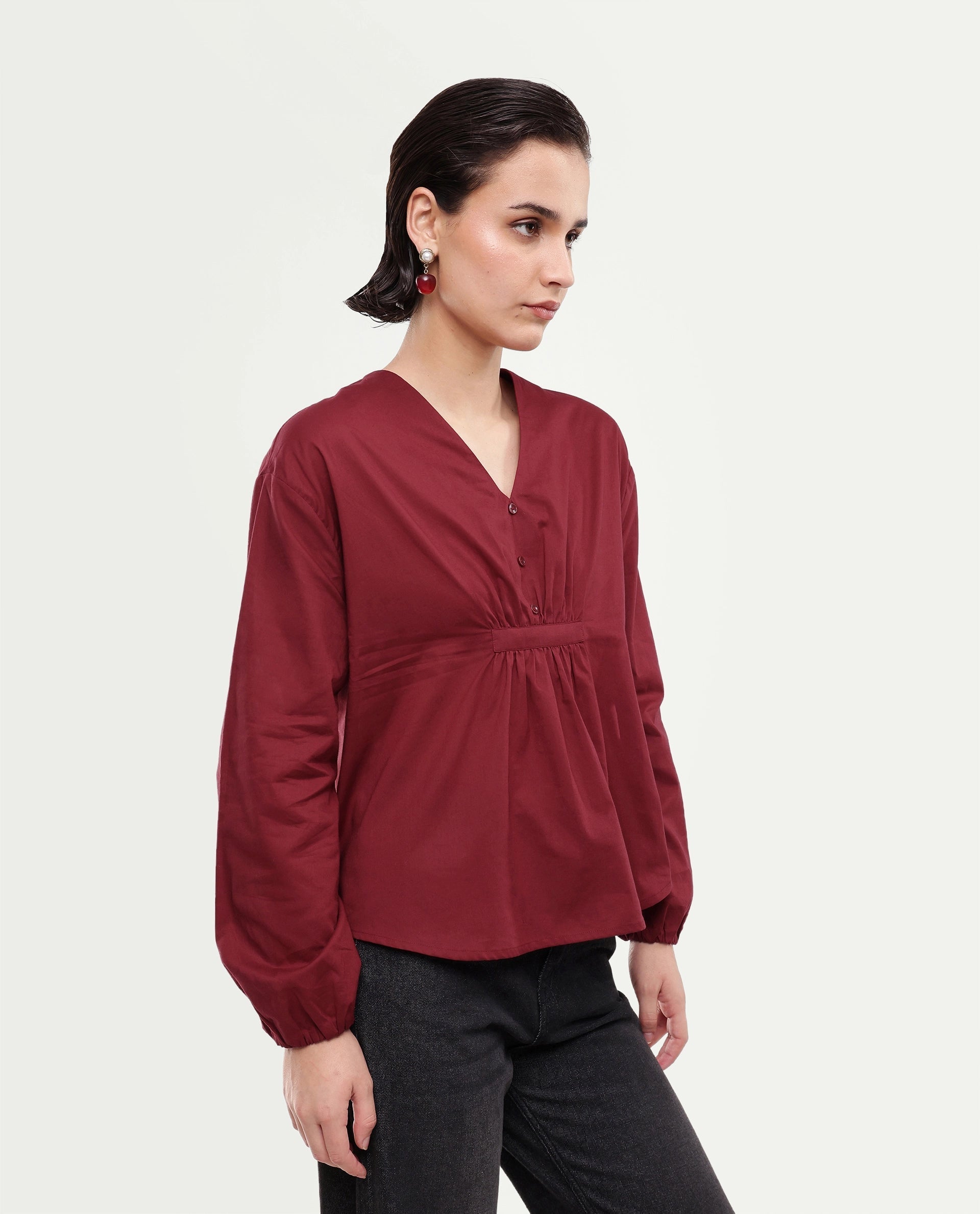 Rareism Women's Saron Dark Red Plain Cotton Relaxed Long Sleeves Top