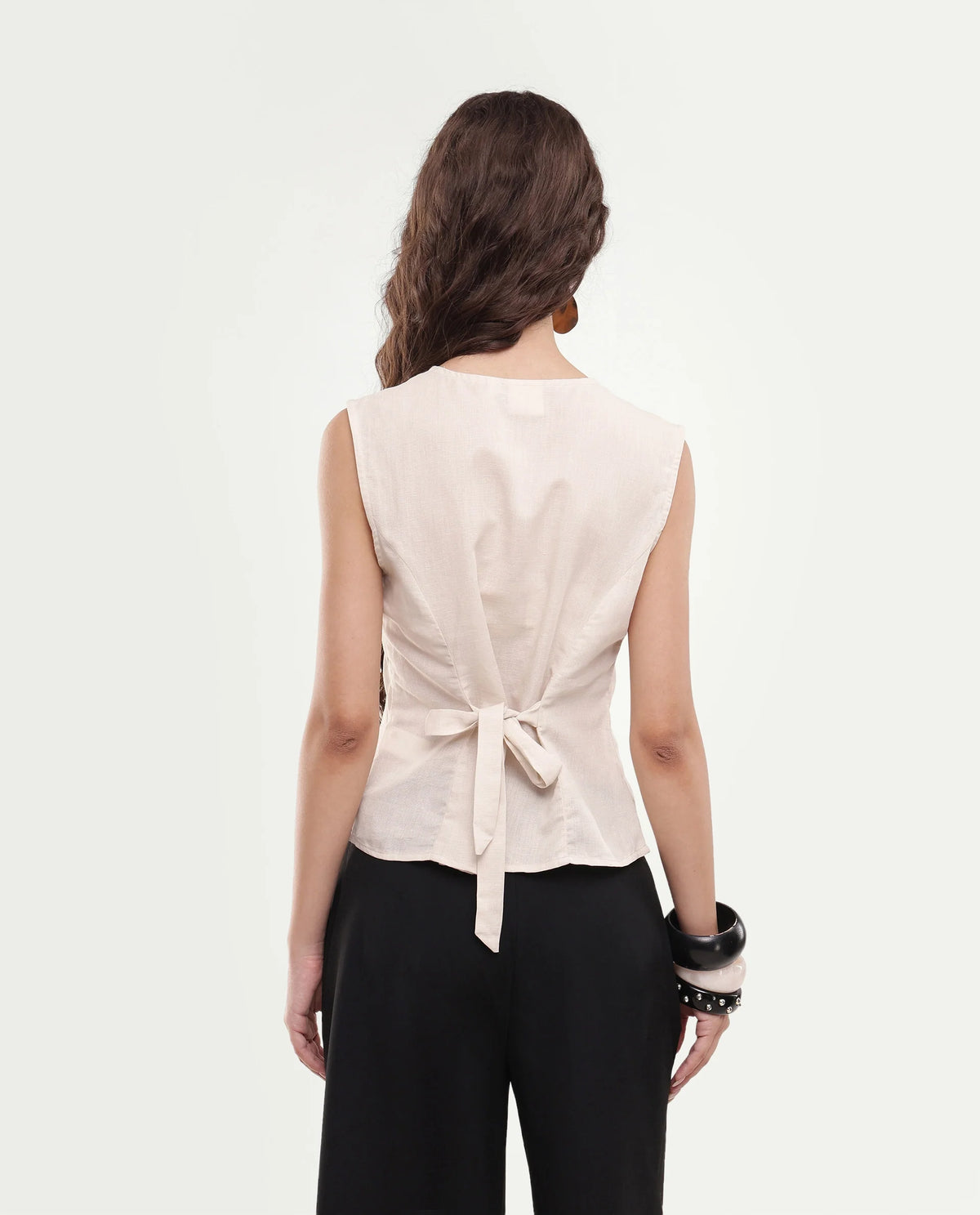 Rareism Women's Sarel Beige Linen Blend Button Regular Fit Top
