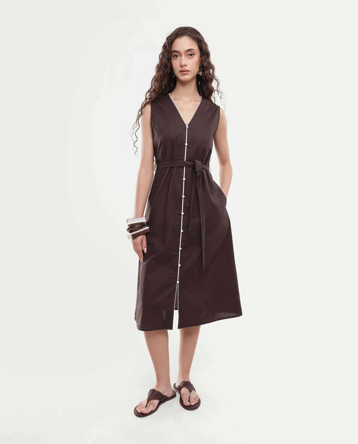 Rareism Women's Silvor Dark Brown Cotton Pull-On A-Line Dress