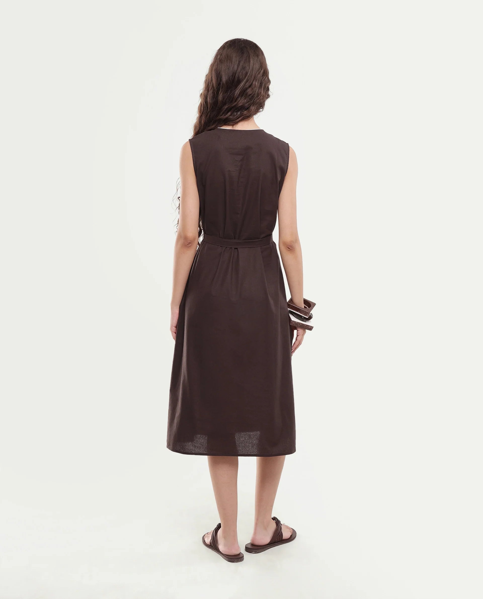 Rareism Women's Silvor Dark Brown Cotton Pull-On A-Line Dress