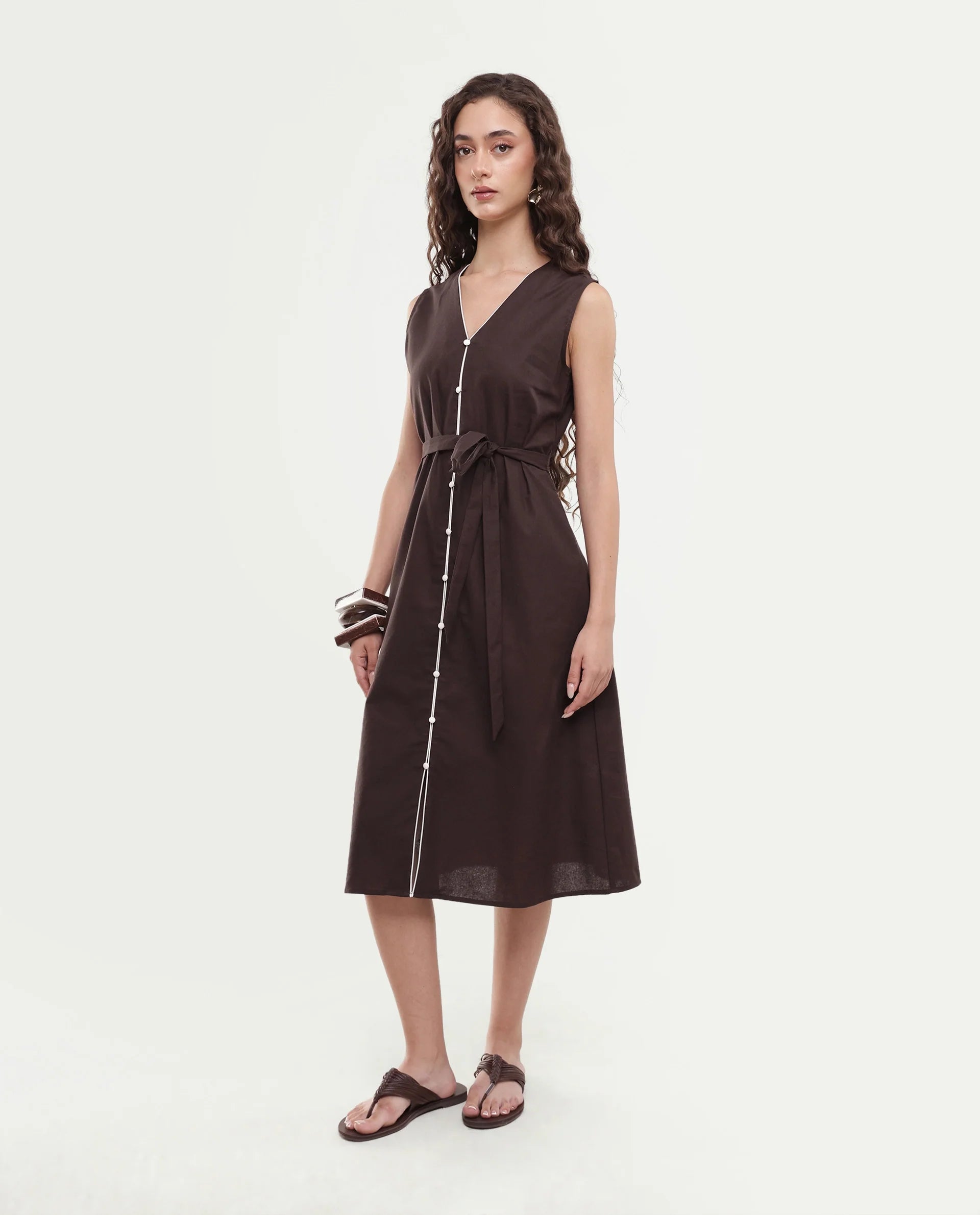 Rareism Women's Silvor Dark Brown Cotton Pull-On A-Line Dress