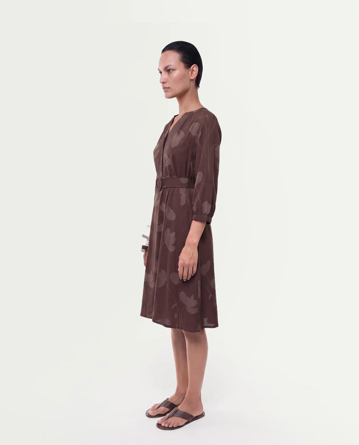 Rareism Women's Stuff Dark Brown Viscose Button A-Line Floral Print Dress