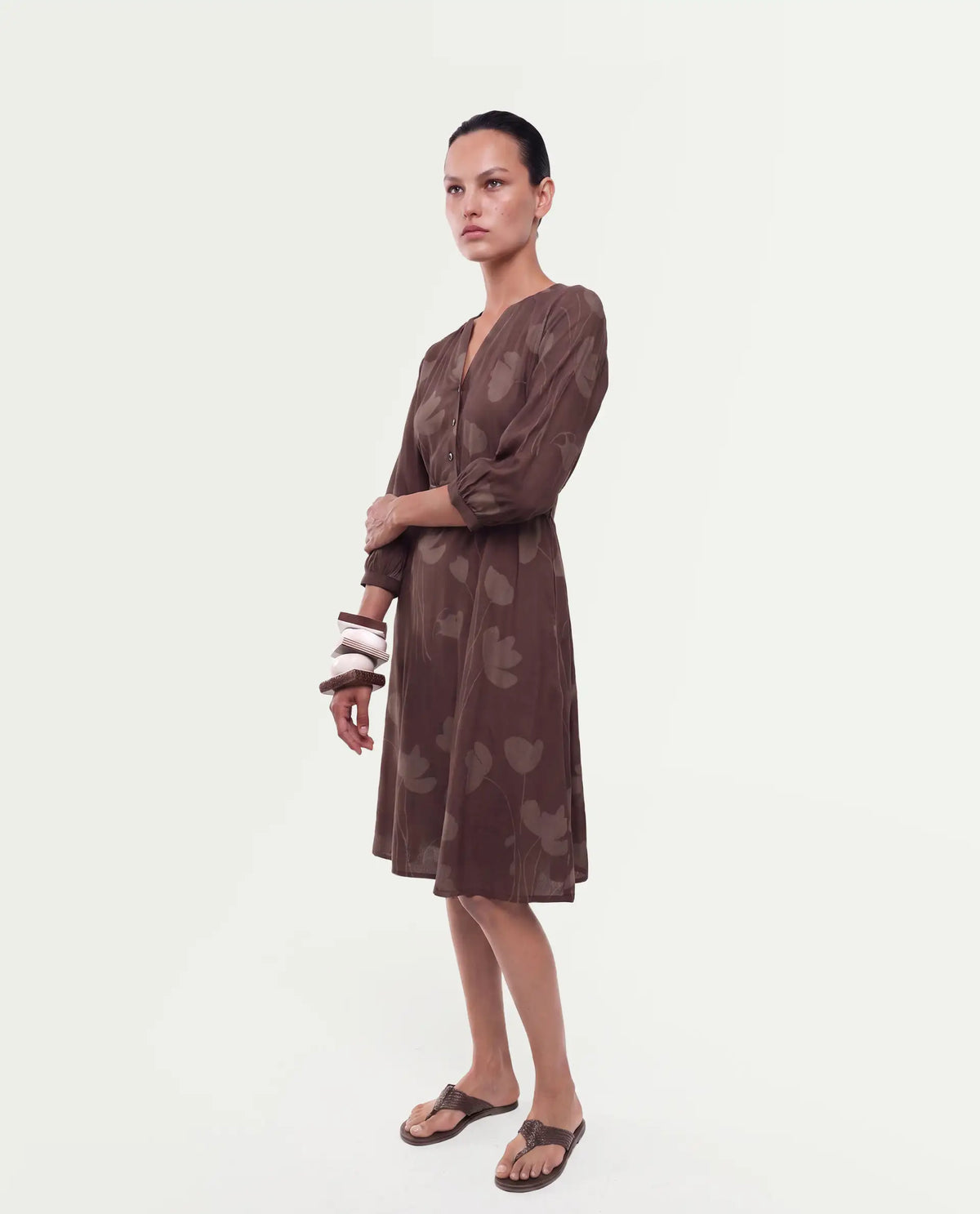 Rareism Women's Stuff Dark Brown Viscose Button A-Line Floral Print Dress
