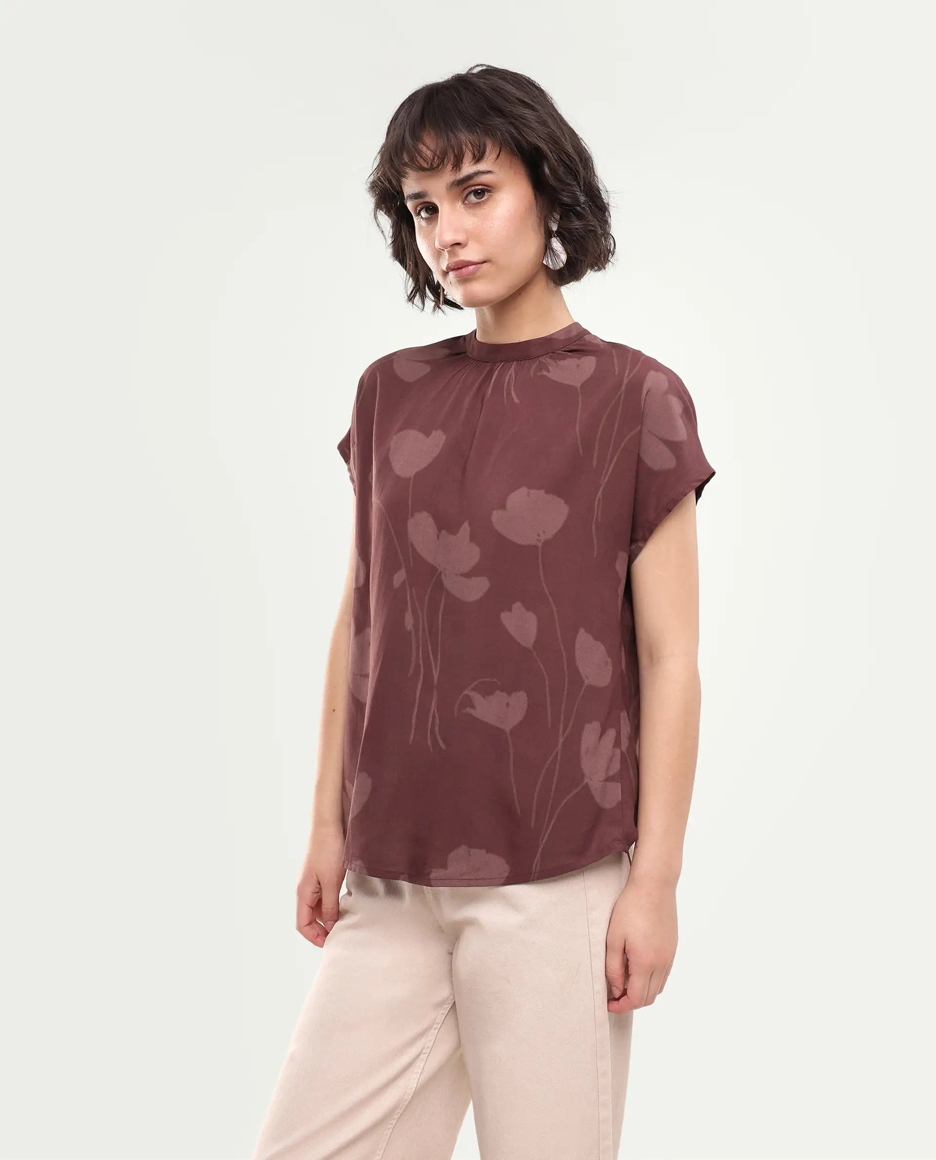 Rareism Women's Sato Dark Brown Viscose Button Relaxed Fit Floral Print Top