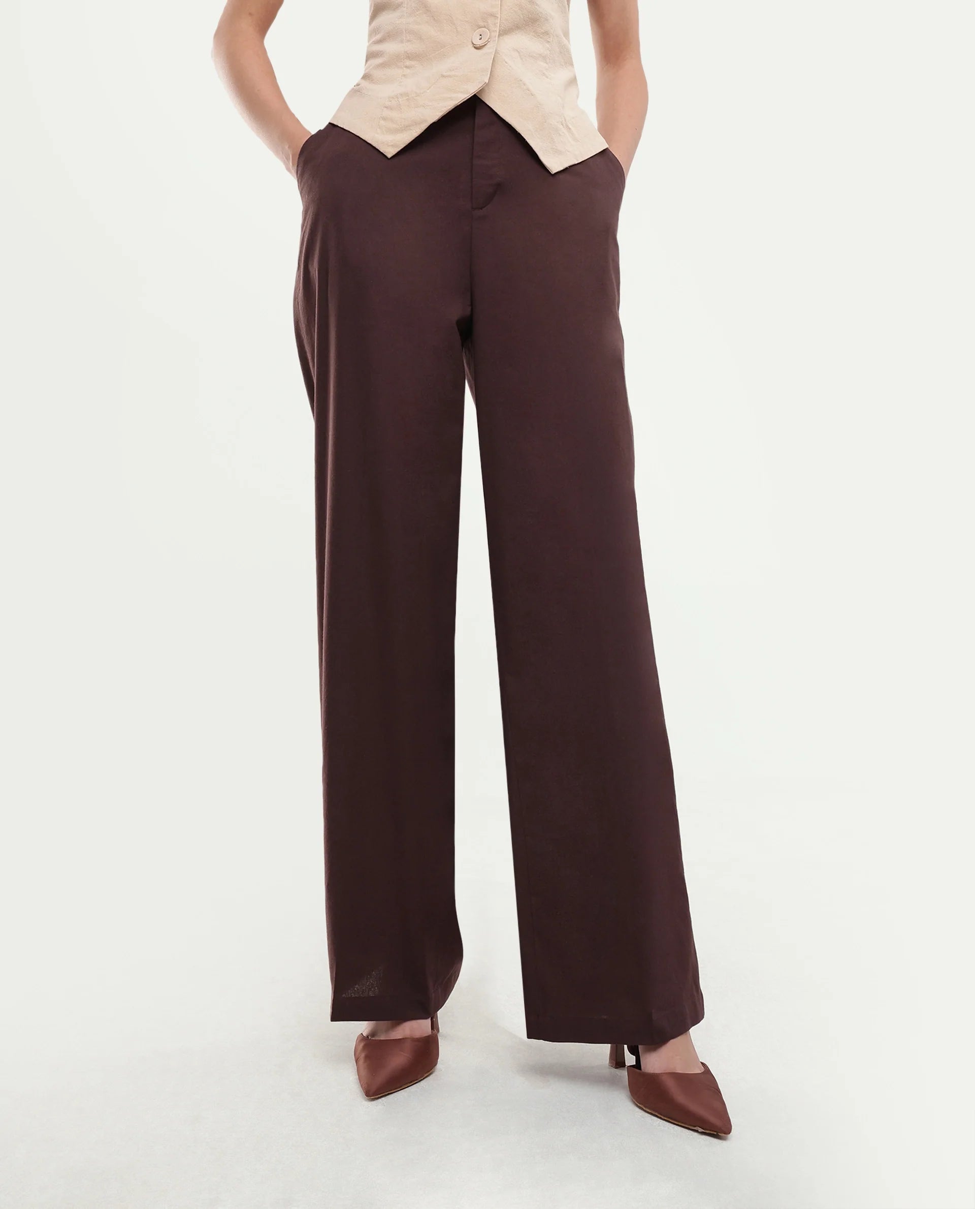 Rareism Women's Stem Dark Brown Cotton Button And Zip Straight Trouser