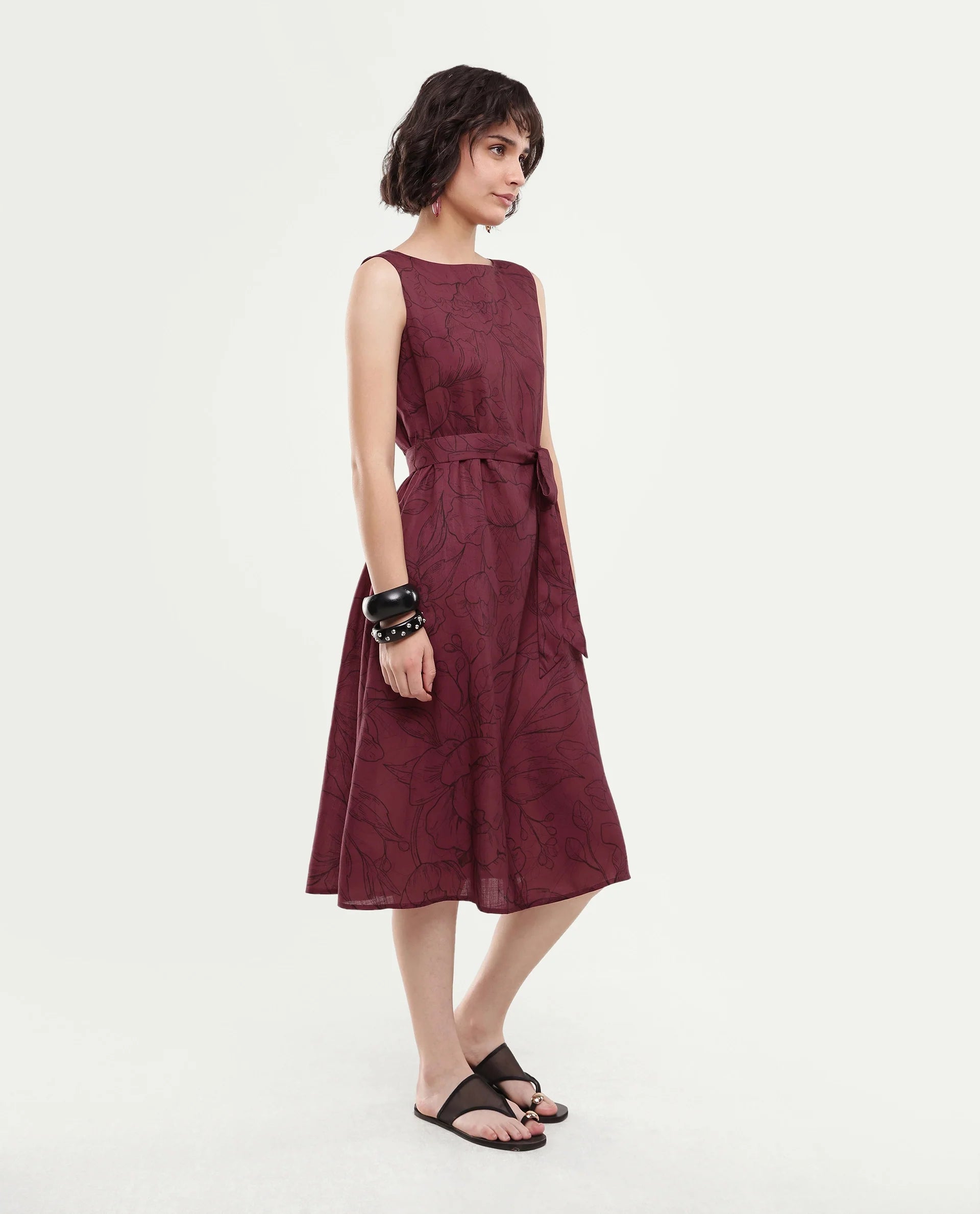 Rareism Women's Straw Dark Red Polyester Pull-On A-Line Floral Print Dress
