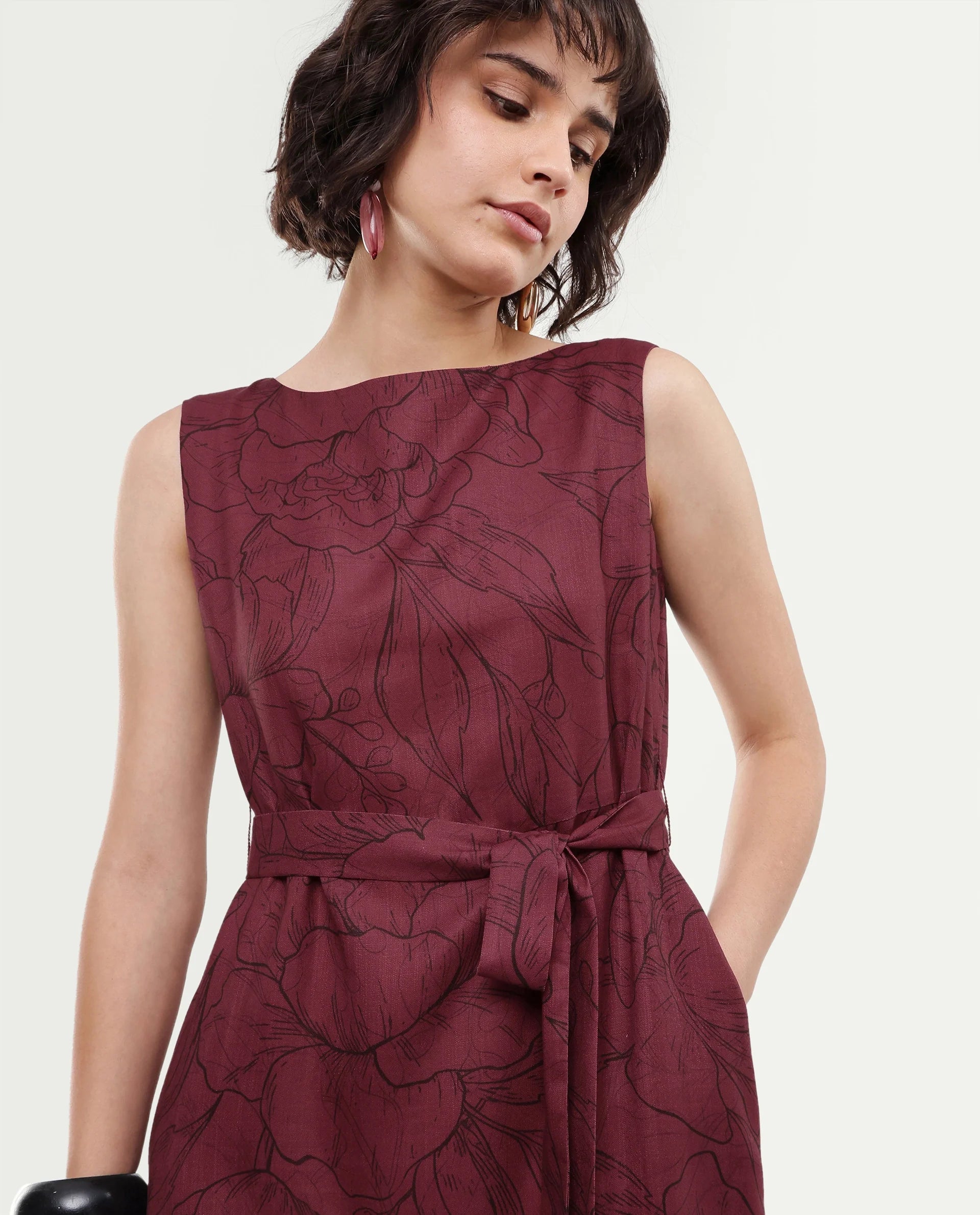 Rareism Women's Straw Dark Red Polyester Pull-On A-Line Floral Print Dress