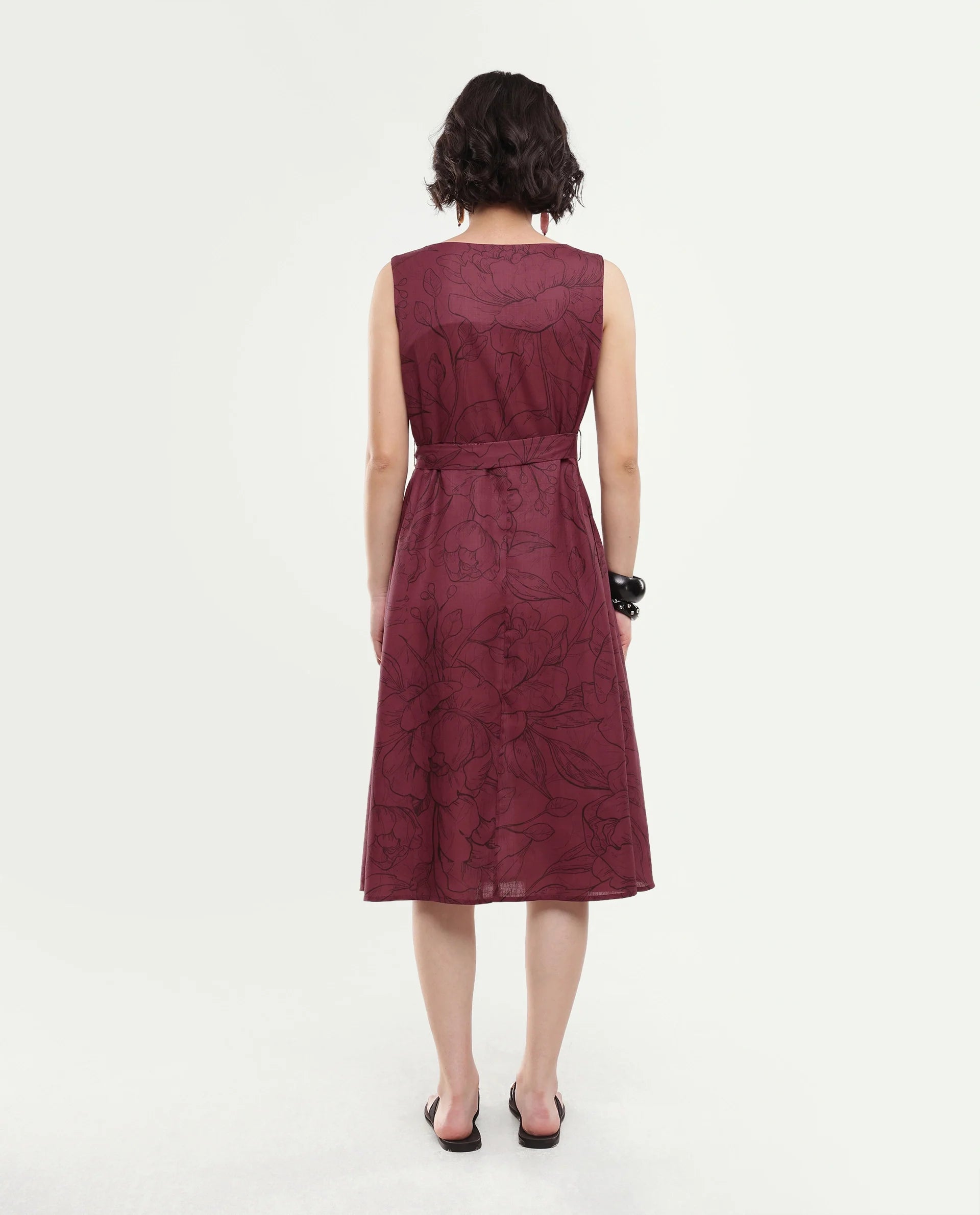 Rareism Women's Straw Dark Red Polyester Pull-On A-Line Floral Print Dress