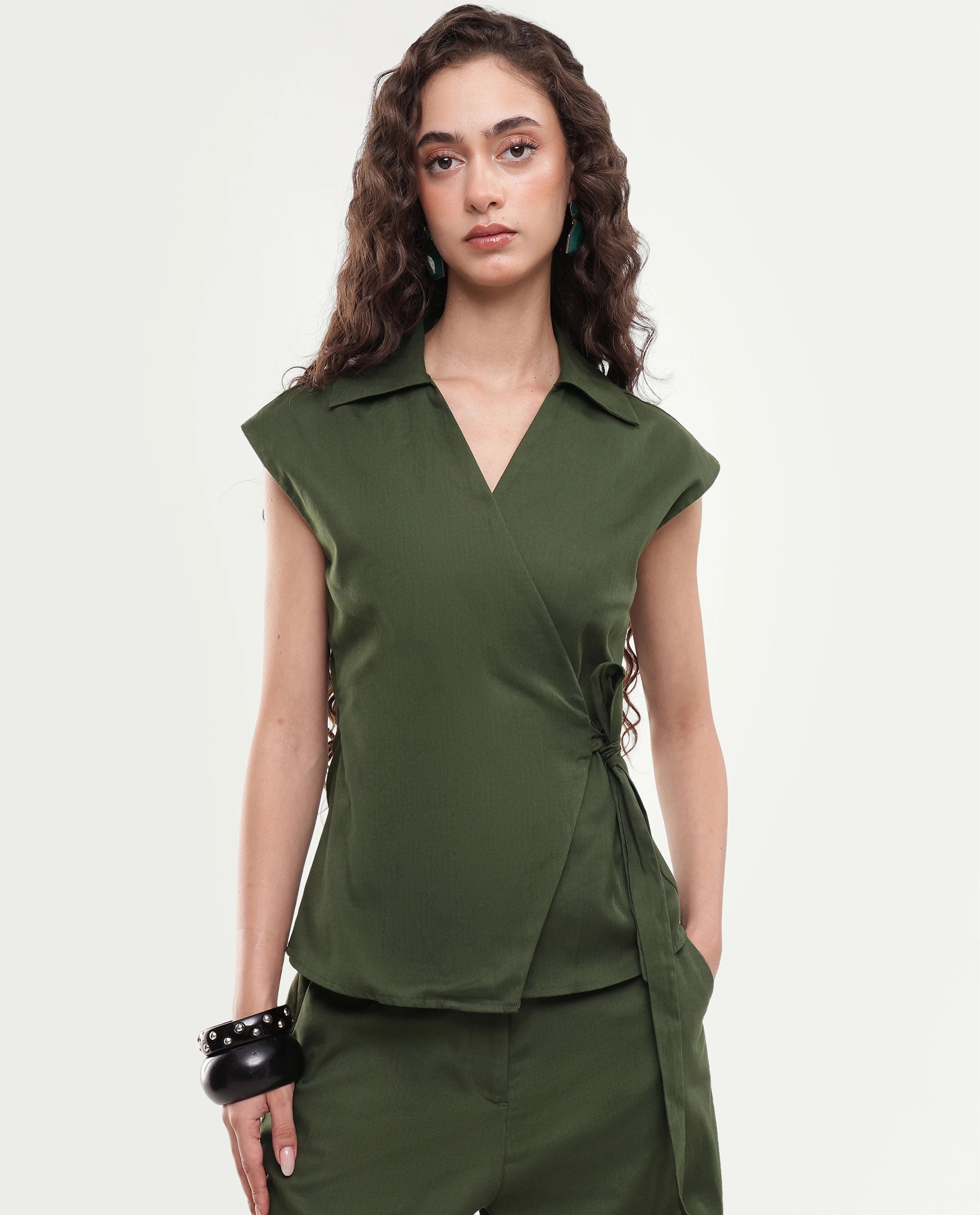 Rareism Women's Sylix-T Dark Olive Plain Cotton Regular Sleeveless Top