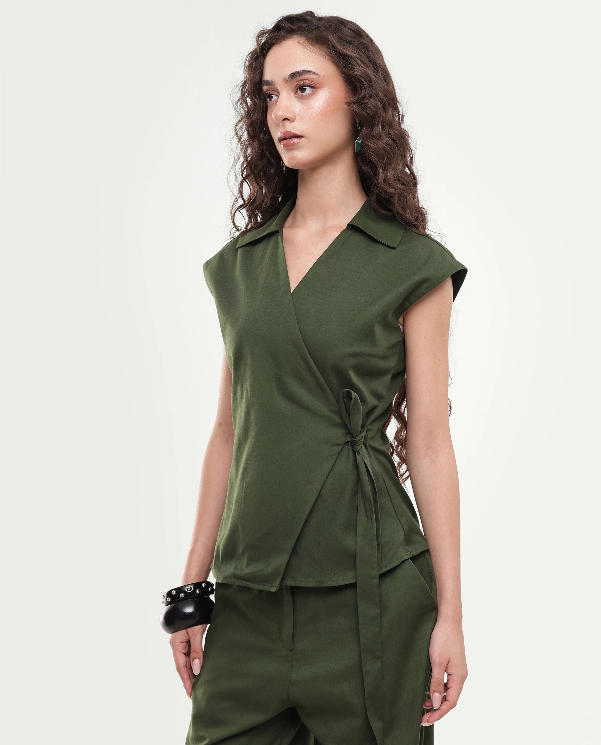 Rareism Women's Sylix-T Dark Olive Plain Cotton Regular Sleeveless Top