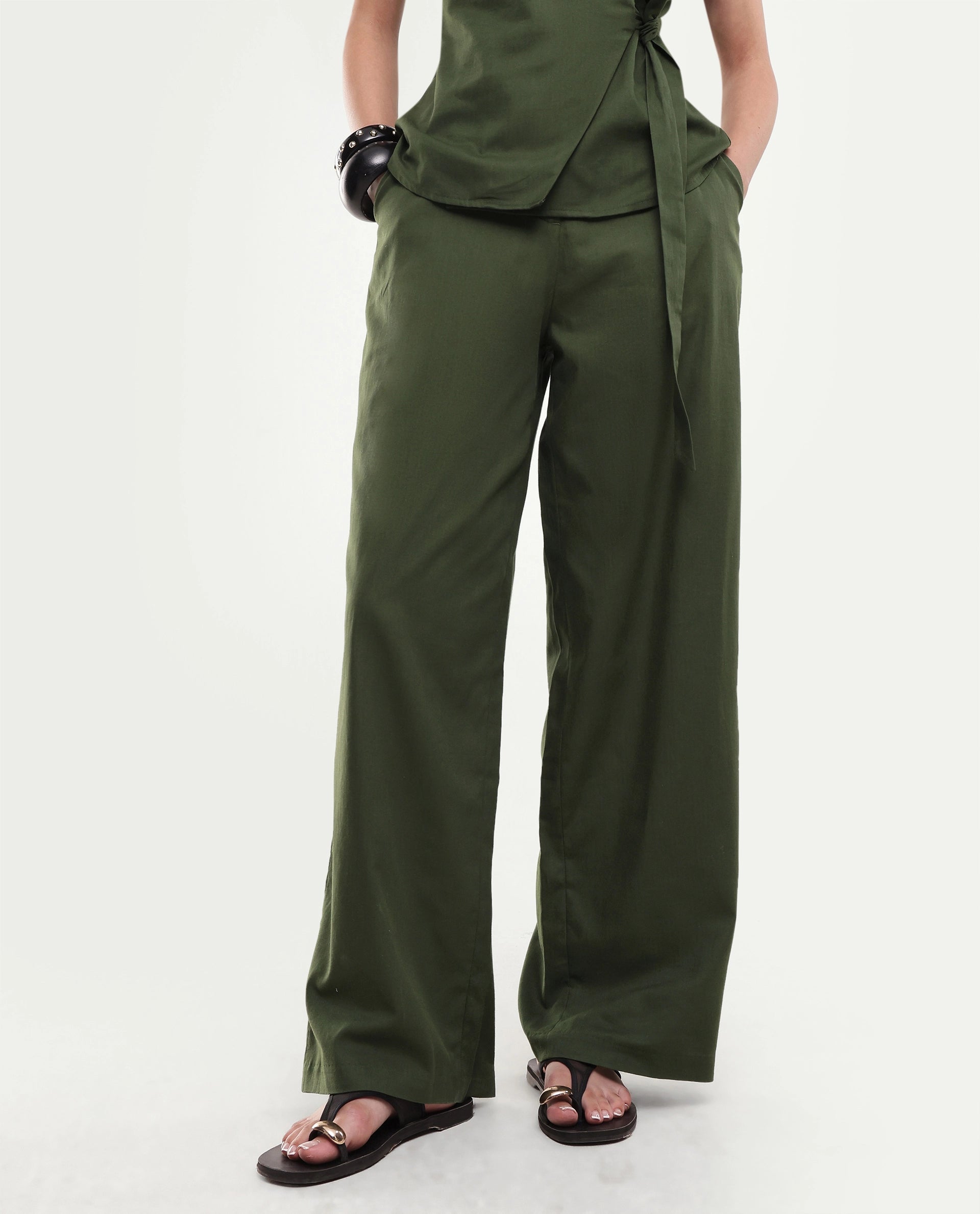 Rareism Women's Sylix-B Dark Olive Solid Cotton Straight Regular Trouser
