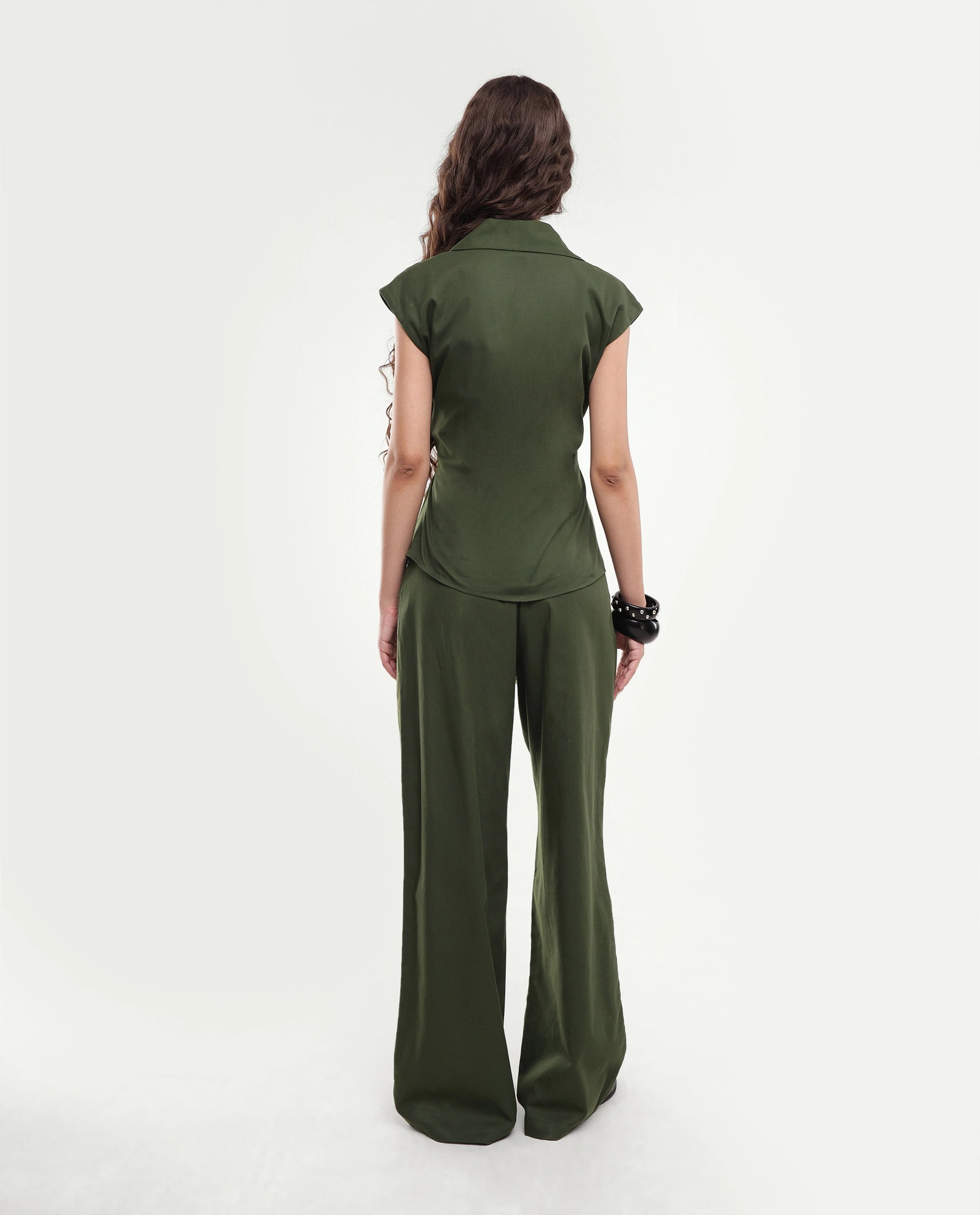 Rareism Women's Sylix-B Dark Olive Solid Cotton Straight Regular Trouser