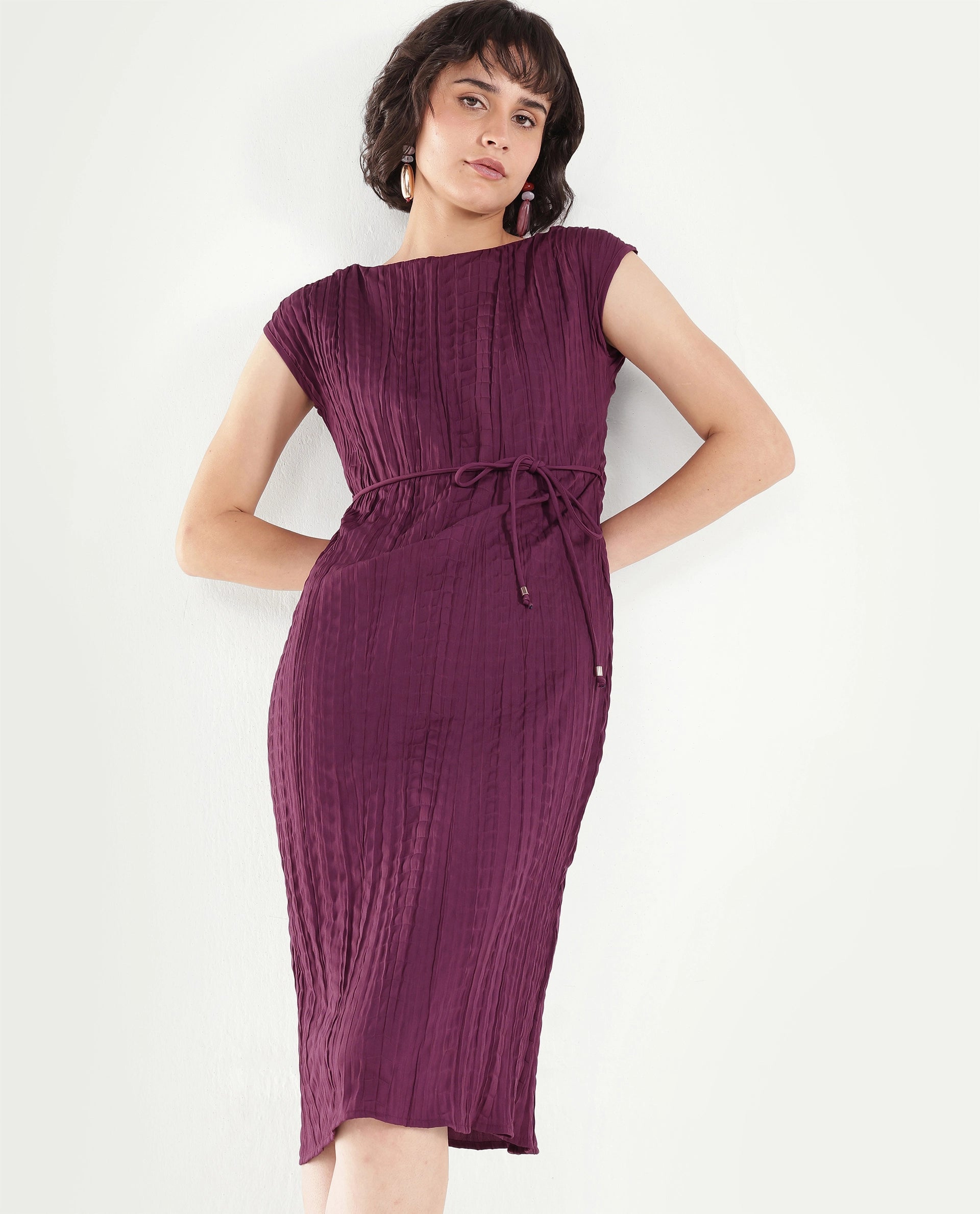 Rareism Women's Sacon Dusky Purple Textured Polyester Regular Fit Short Sleeve Dress