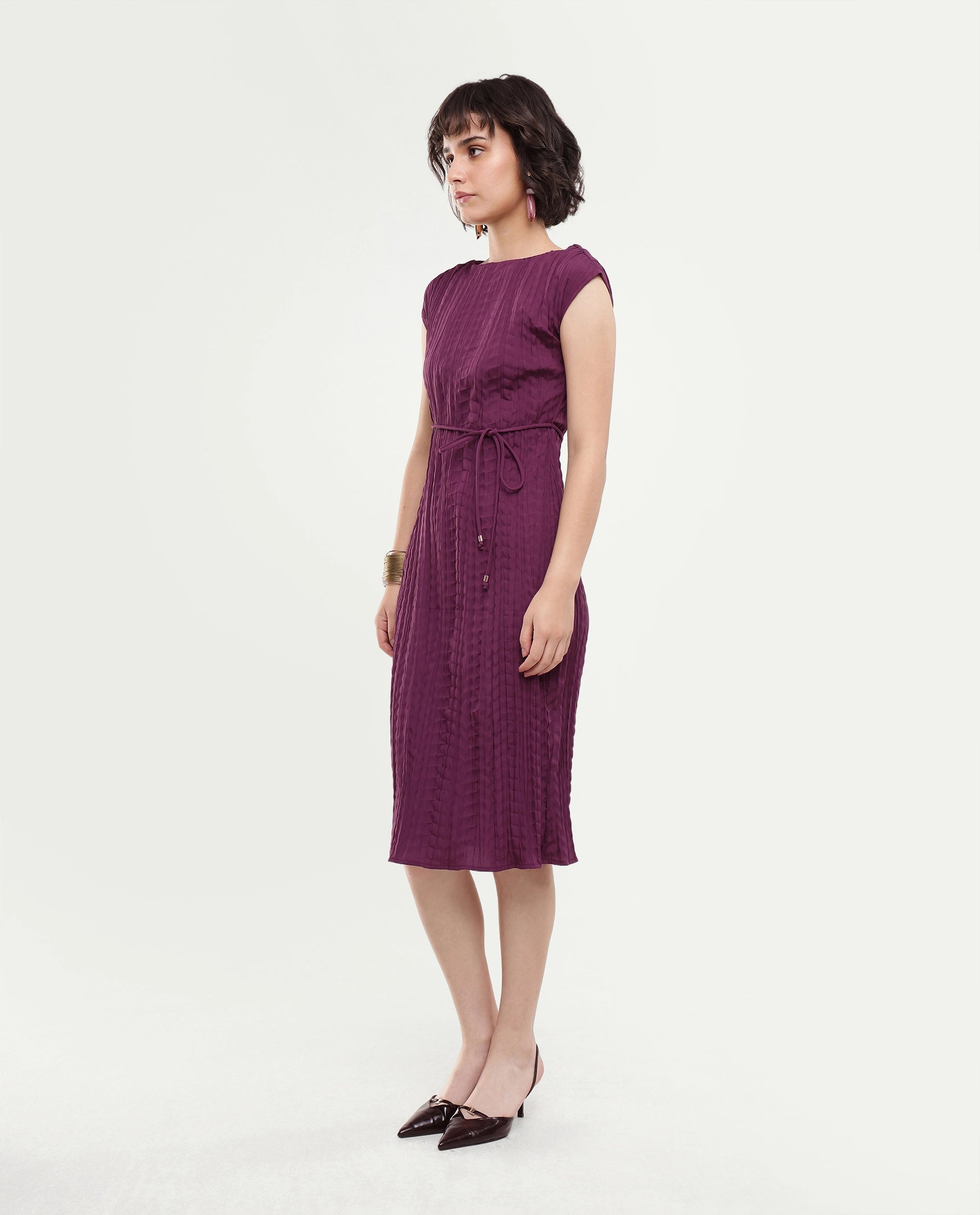 Rareism Women's Sacon Dusky Purple Textured Polyester Regular Fit Short Sleeve Dress