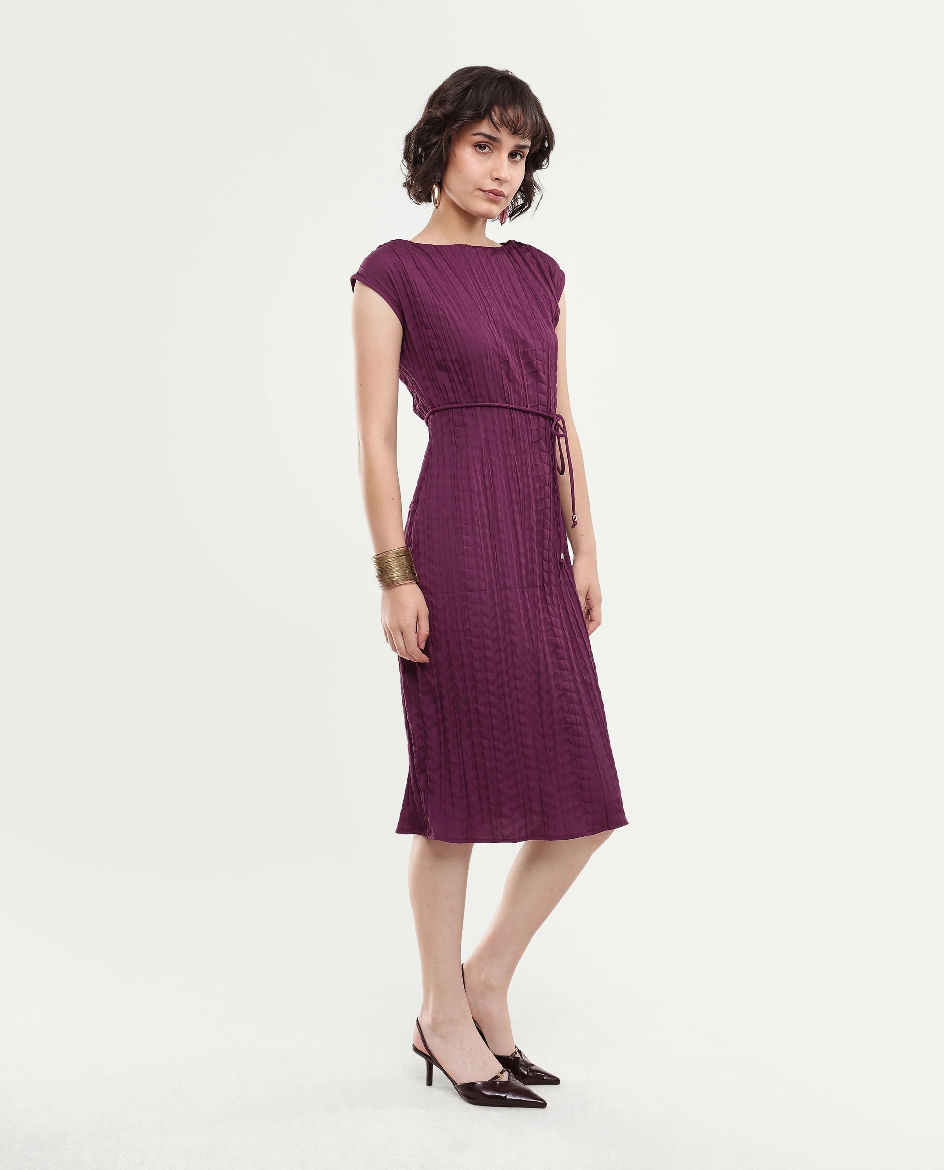 Rareism Women's Sacon Dusky Purple Textured Polyester Regular Fit Short Sleeve Dress