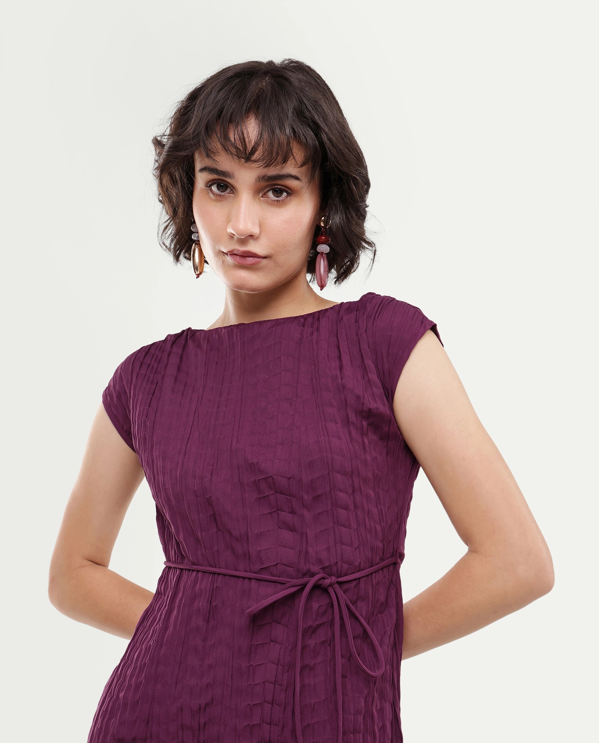 Rareism Women's Sacon Dusky Purple Textured Polyester Regular Fit Short Sleeve Dress